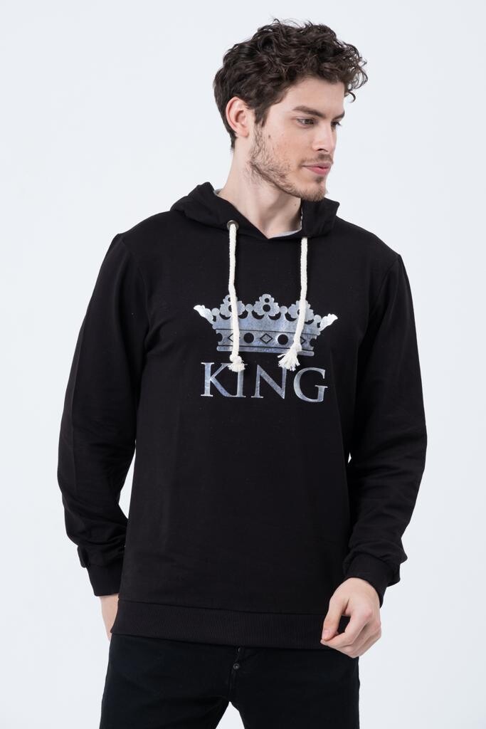 Erkek Siyah King Tacı Baskılı Kapüşonlu Oversize Sweatshirt  HZL23W-SR120031