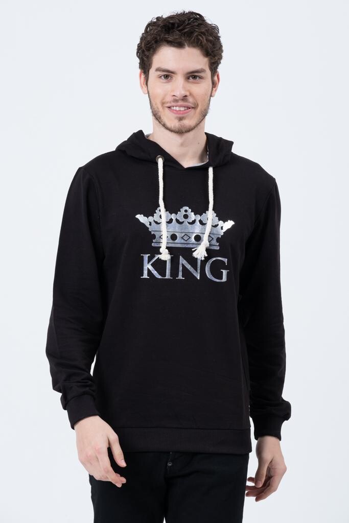 Erkek Siyah King Tacı Baskılı Kapüşonlu Oversize Sweatshirt  HZL23W-SR120031