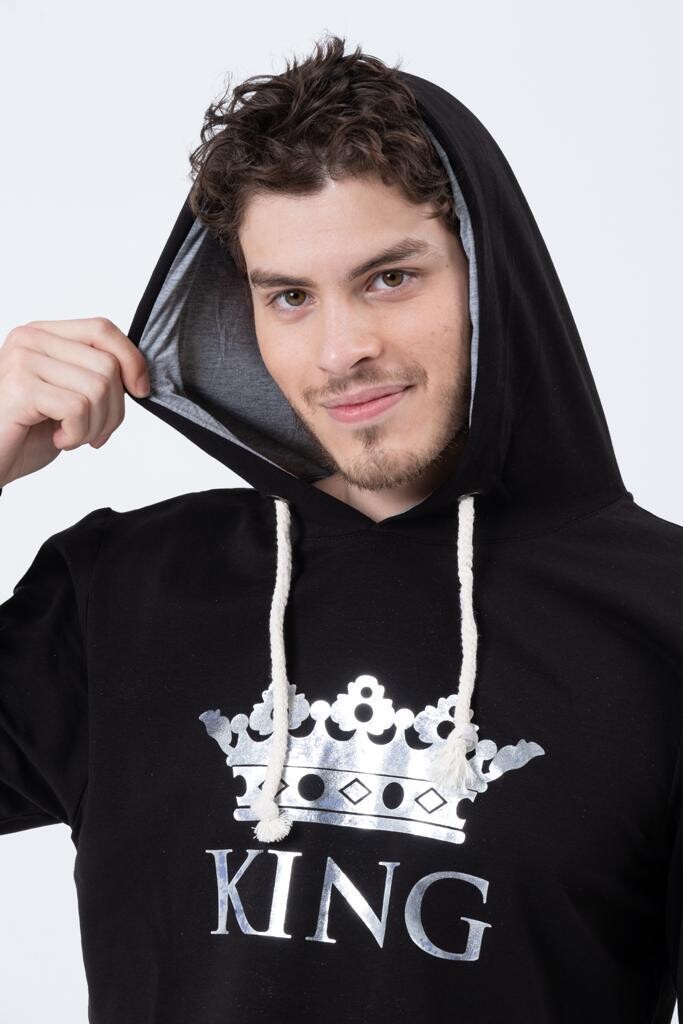 Erkek Siyah King Tacı Baskılı Kapüşonlu Oversize Sweatshirt  HZL23W-SR120031