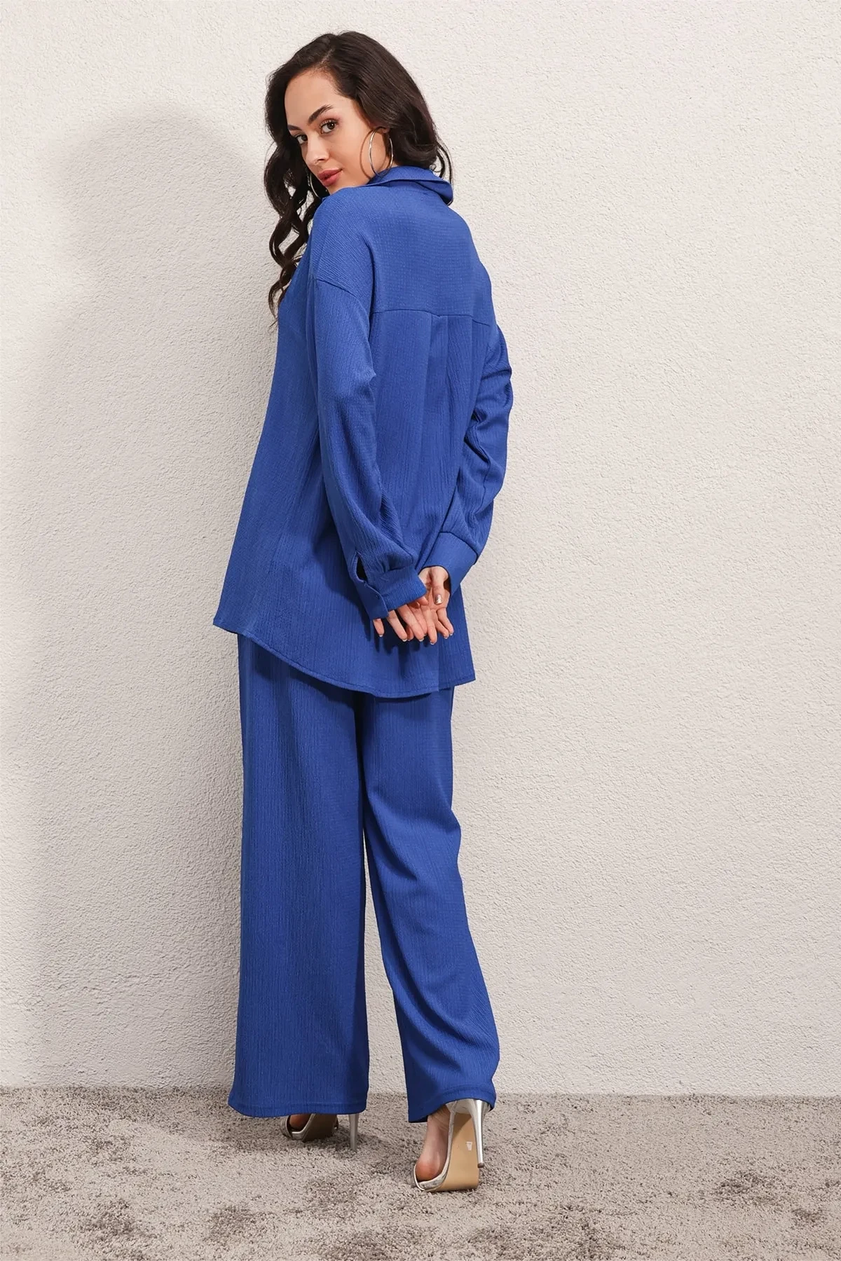 Hazelin Kadın SaksMavi Oversize Alt-Üst İkili Örme Takım HZL23W-BD158581