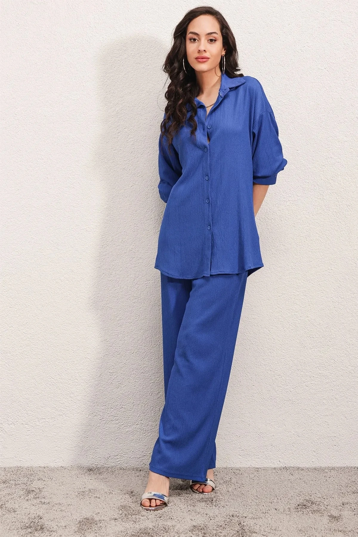 Hazelin Kadın SaksMavi Oversize Alt-Üst İkili Örme Takım HZL23W-BD158581