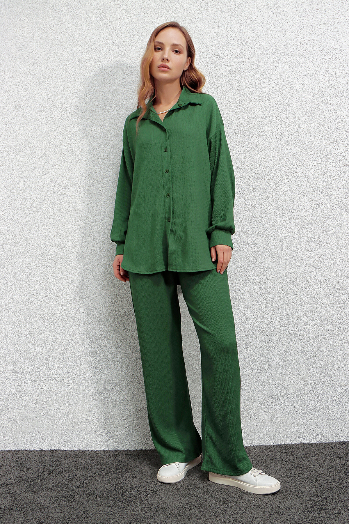 Hazelin Kadın Zümrüt yeşili Oversize Alt-Üst İkili Örme Takım HZL23W-BD158581