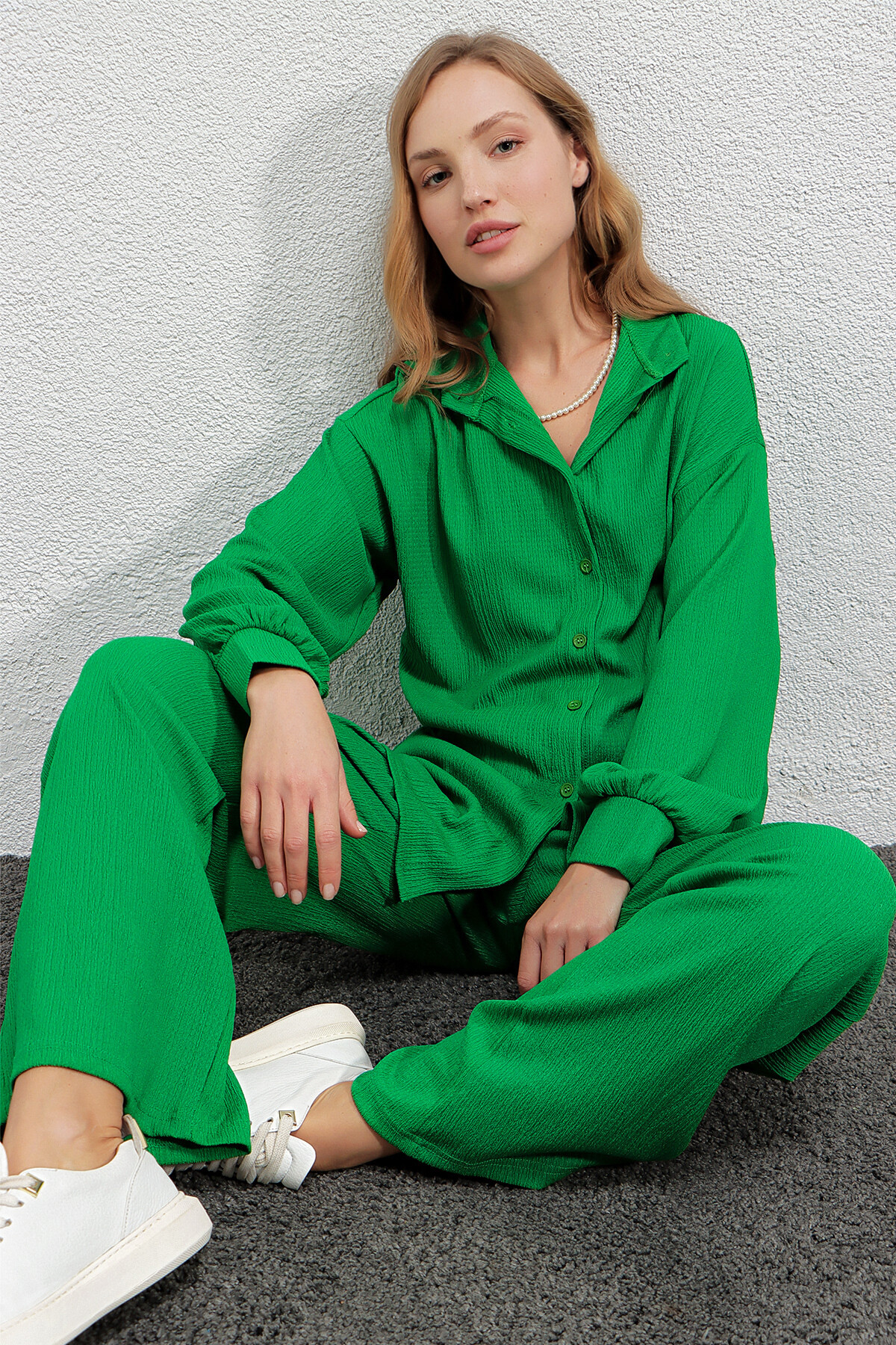 Hazelin Kadın Yeşil Oversize Alt-Üst İkili Örme Takım HZL23W-BD158581