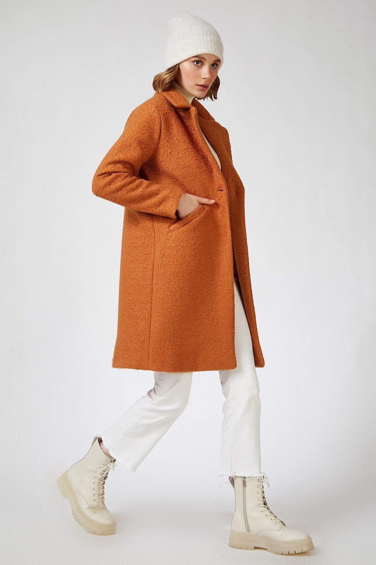 Kadın Açık Kiremit Tek Düğmeli Çift Cepli Astarlı Buklet Kaşe Kaban HZL22W-BD190821