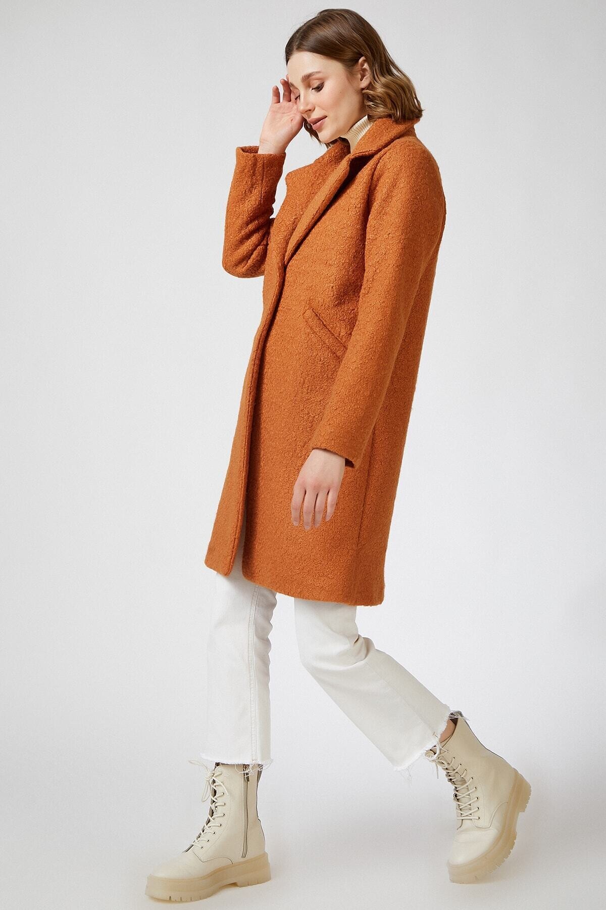 Kadın Açık Kiremit Tek Düğmeli Çift Cepli Astarlı Buklet Kaşe Kaban HZL22W-BD190821