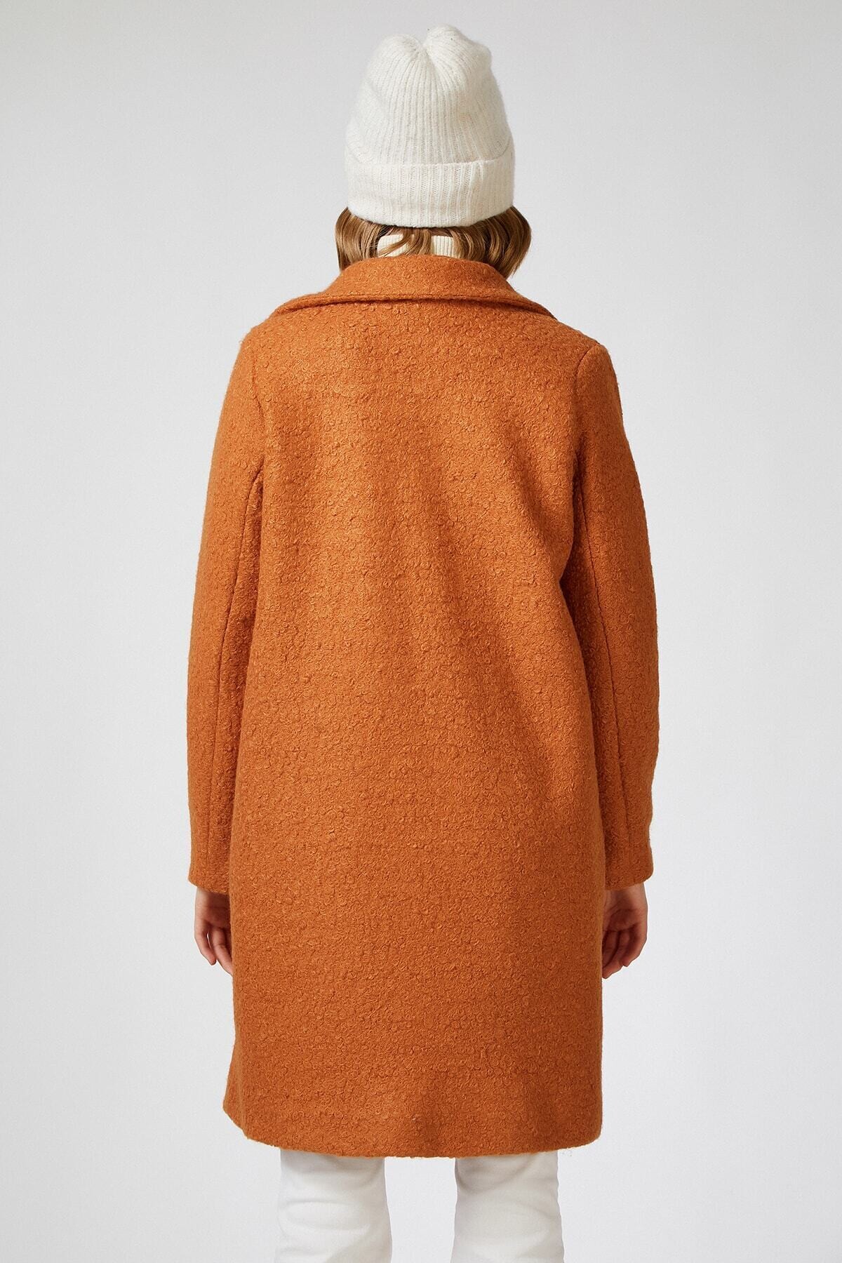 Kadın Açık Kiremit Tek Düğmeli Çift Cepli Astarlı Buklet Kaşe Kaban HZL22W-BD190821