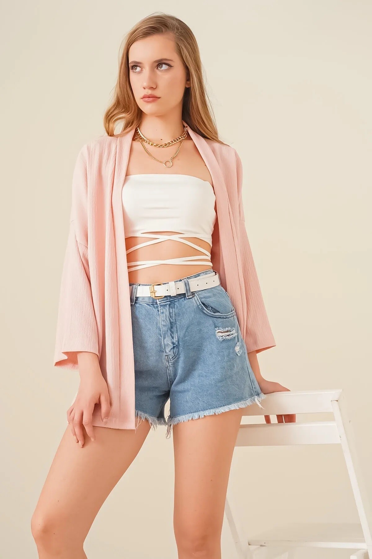 Kadın Açık Pembe Önü Açık Katlı Yaka Dokulu Mevsimlik Ceket HZL22S-BD158621