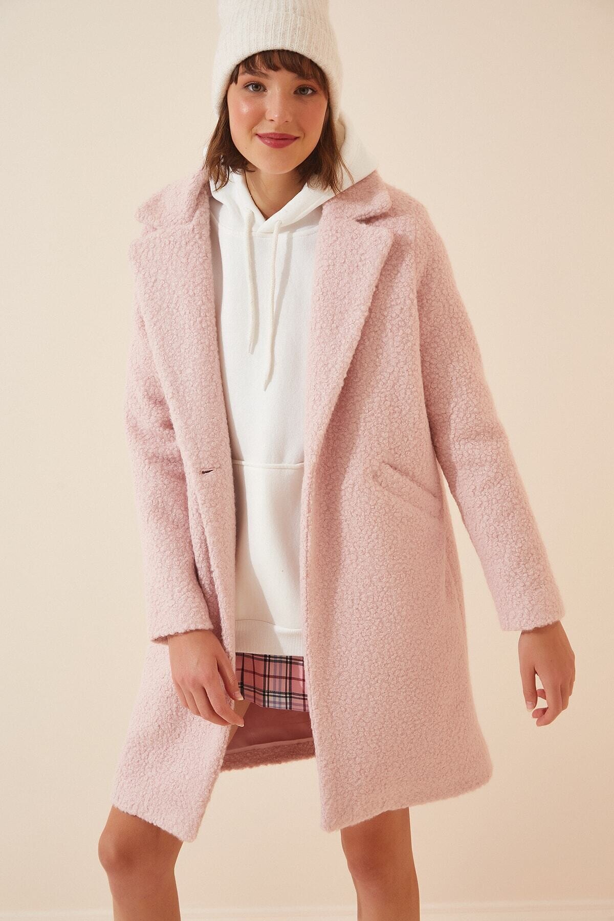 Kadın Açık Pembe Tek Düğmeli Çift Cepli Astarlı Buklet Kaşe Kaban HZL22W-BD190821