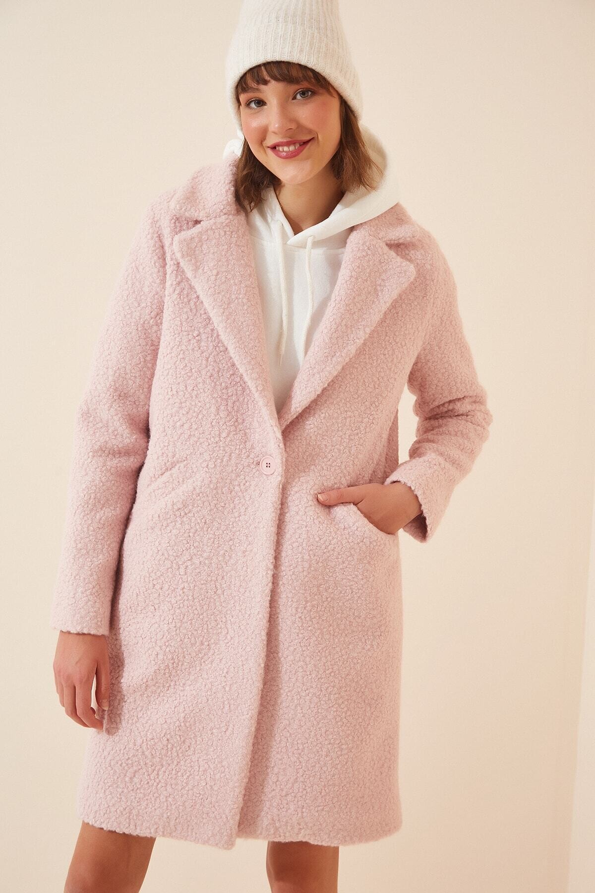 Kadın Açık Pembe Tek Düğmeli Çift Cepli Astarlı Buklet Kaşe Kaban HZL22W-BD190821