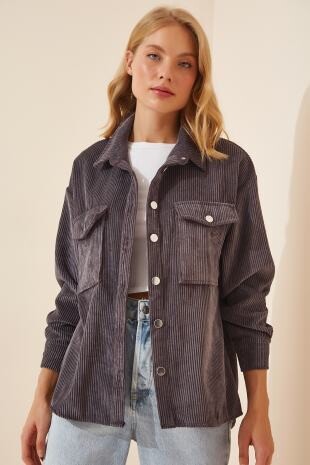 Kadın Antrasit Kadife Hafif Oversize Şık Gömlek HZL23W-BD138651