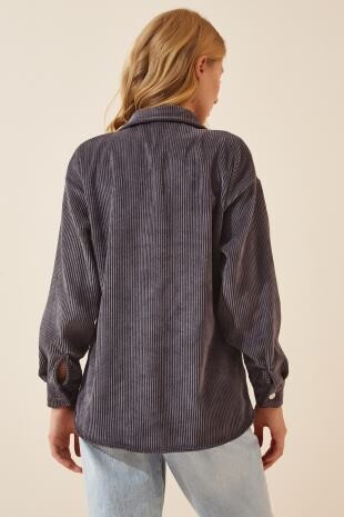 Kadın Antrasit Kadife Hafif Oversize Şık Gömlek HZL23W-BD138651
