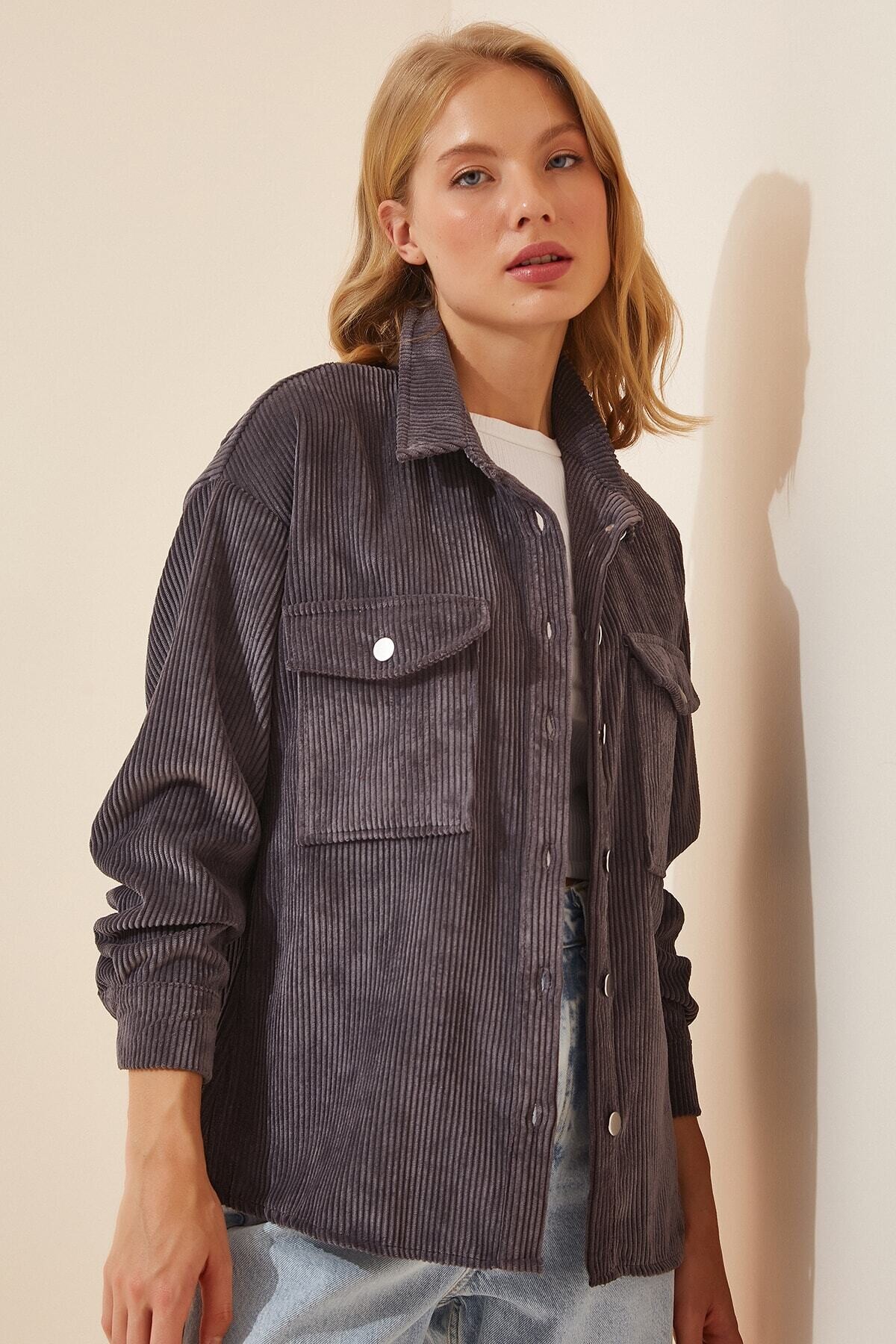 Kadın Antrasit Kadife Hafif Oversize Şık Gömlek HZL23W-BD138651