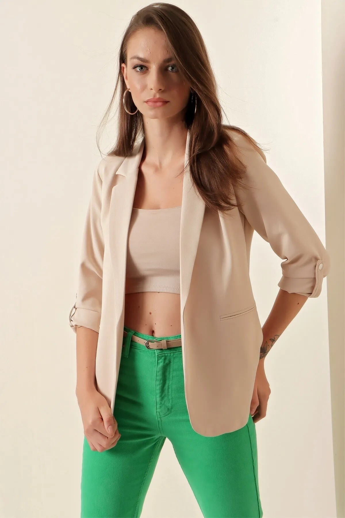 Kadın Bej  Astarlı Şık Blazer Ceket HZL23W-BD106721