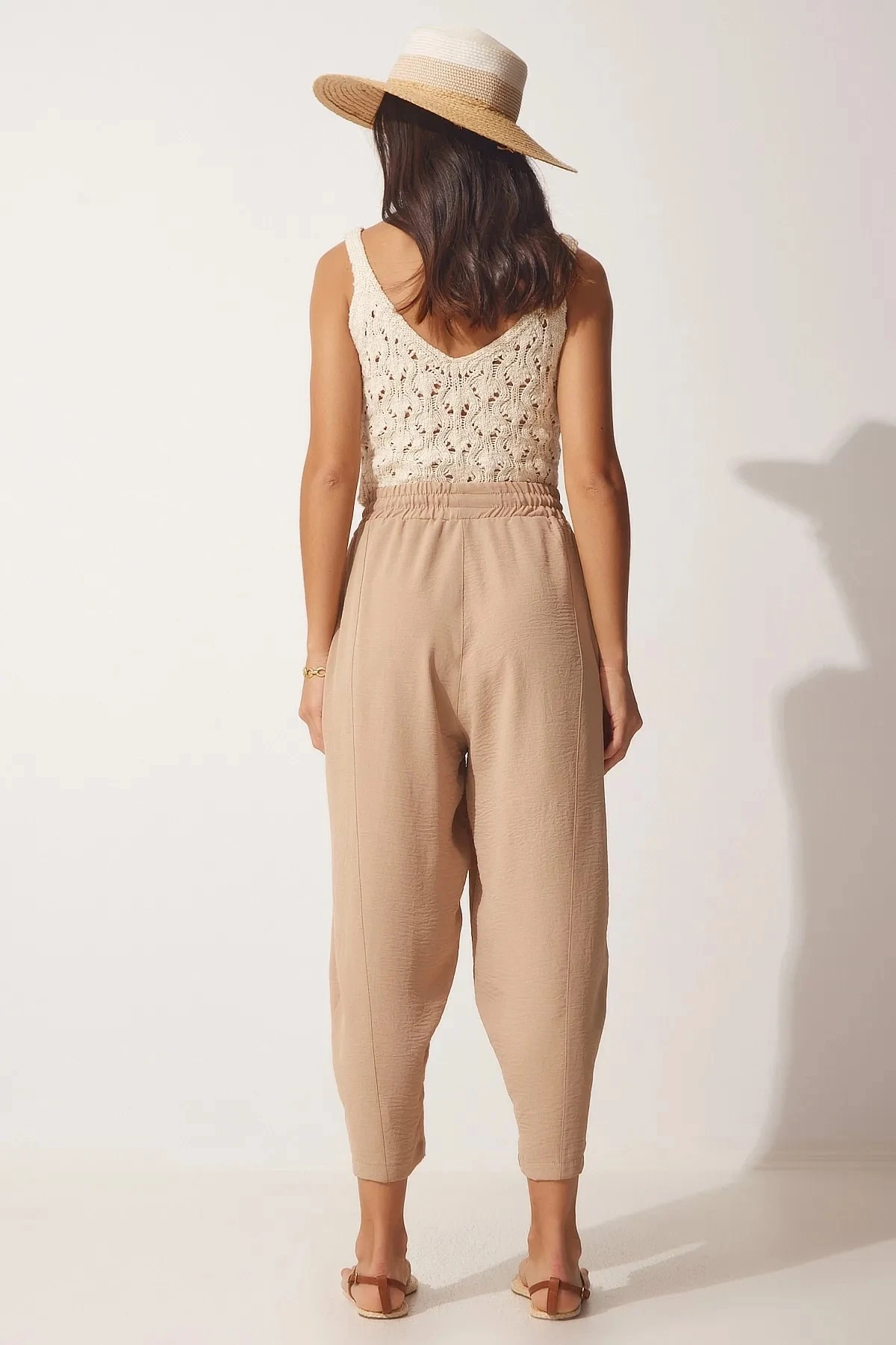 Kadın Bej Cepli Beli Lastikli Ayrobin Şalvar Pantolon HZL23S-BD165911