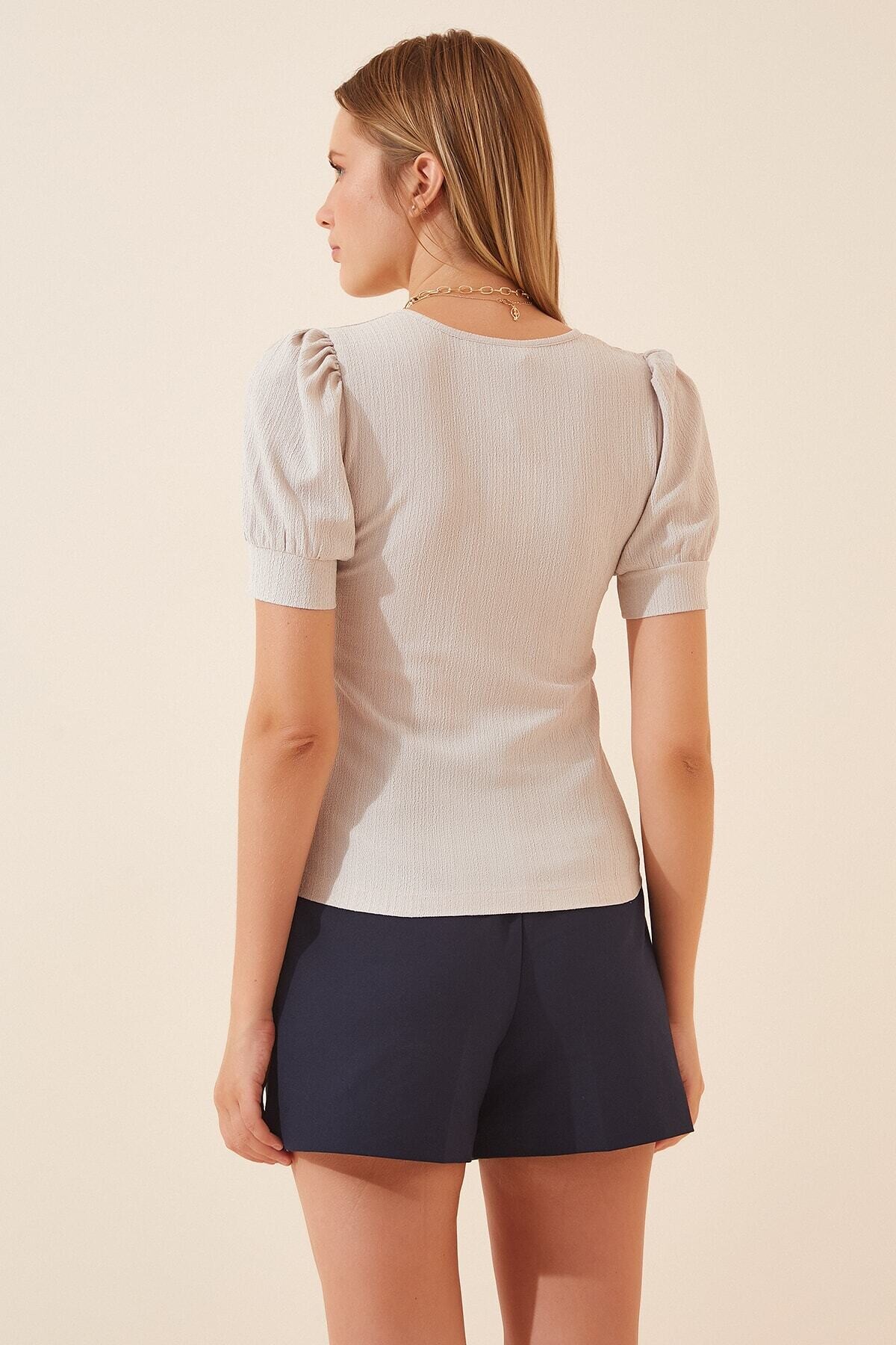 Kadın Bej Kare Yaka Örme Bluz HZL22W-BD104091