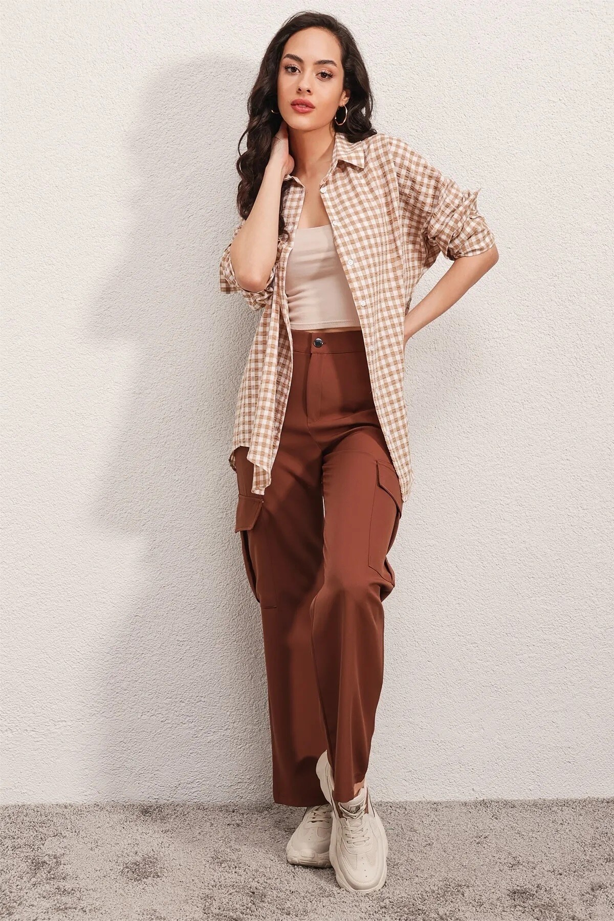 Kadın Bej Kareli Oversize Gömlek HZL22W-BD1201451