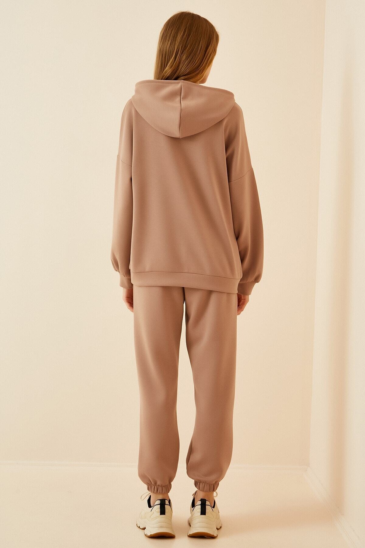 Kadın Bisküvi Kapüşonlu Kanguru Cepli Bileği Lastikli Eşofman Takımı HZL22w-BD1553771