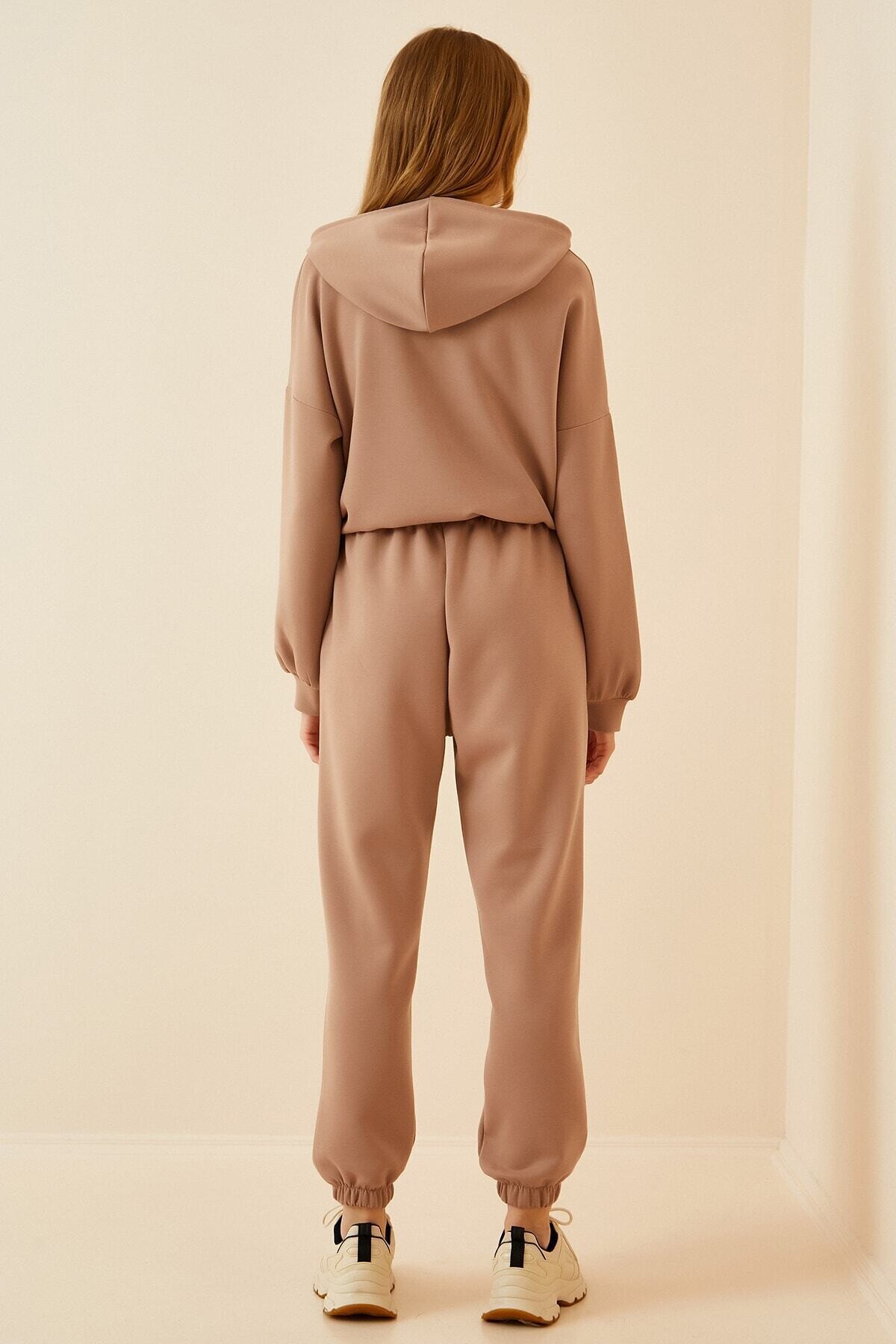 Kadın Bisküvi Kapüşonlu Kanguru Cepli Bileği Lastikli Eşofman Takımı HZL22w-BD1553771