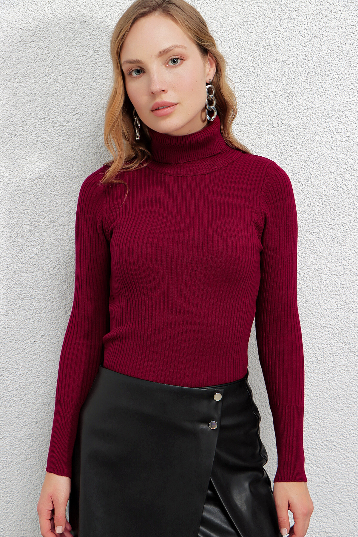 Kadın Bordo  Boğazlı Fitilli Triko Balıkçı Yaka Kazak HZL22W-BD1445001