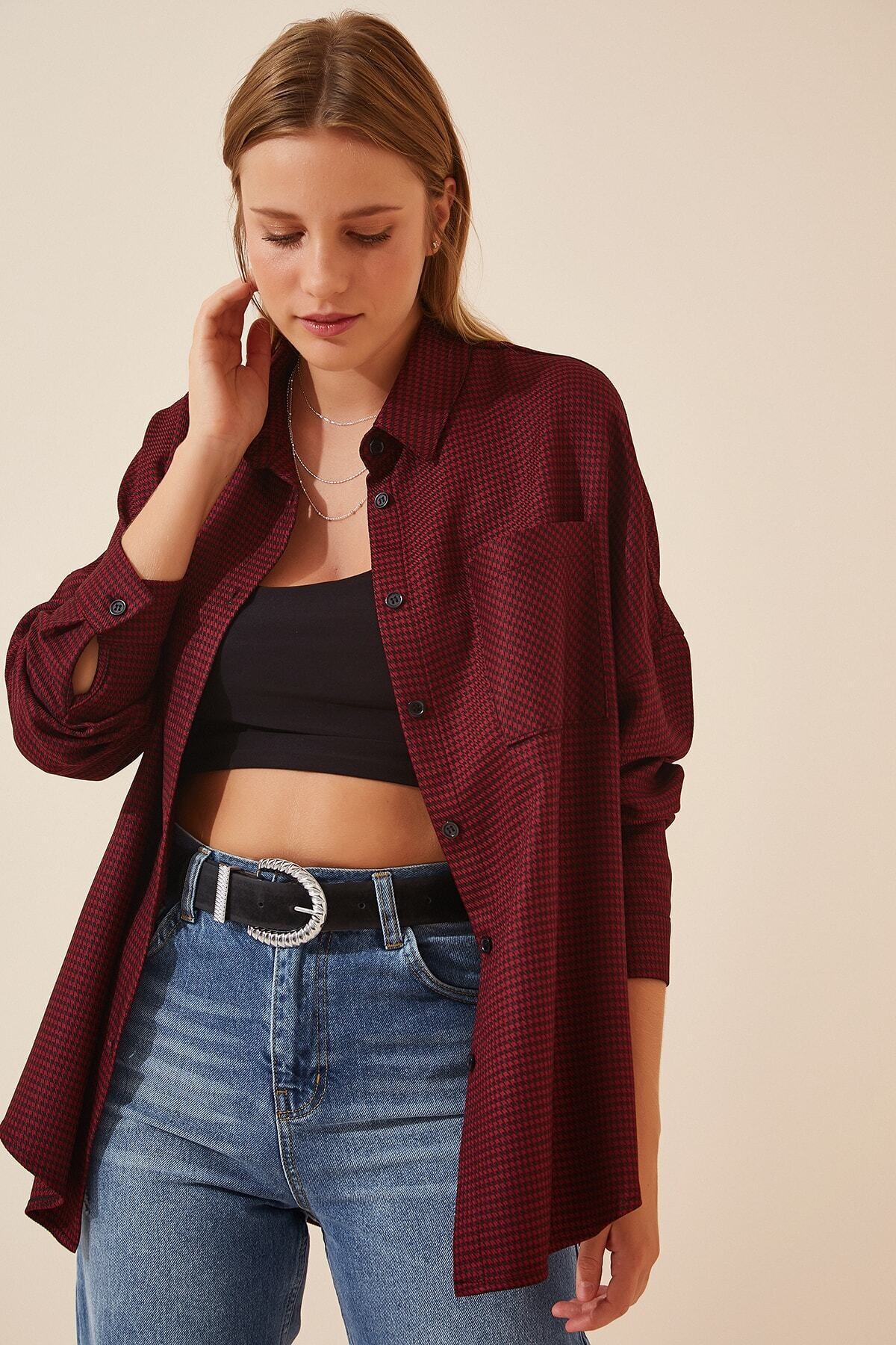 Kadın Bordo Kareli Oversize Gömlek HZL22W-BD1236