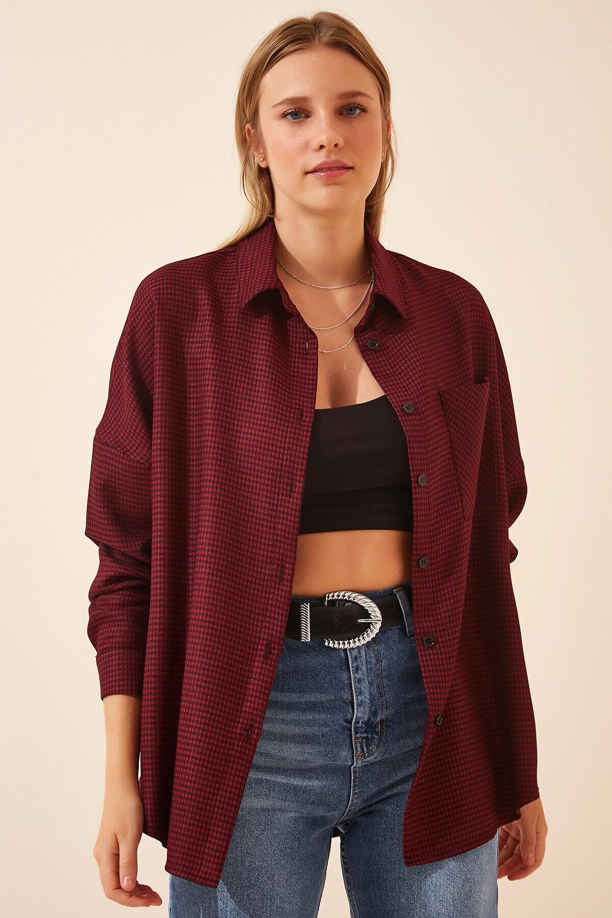 Kadın Bordo Kareli Oversize Gömlek HZL22W-BD1236