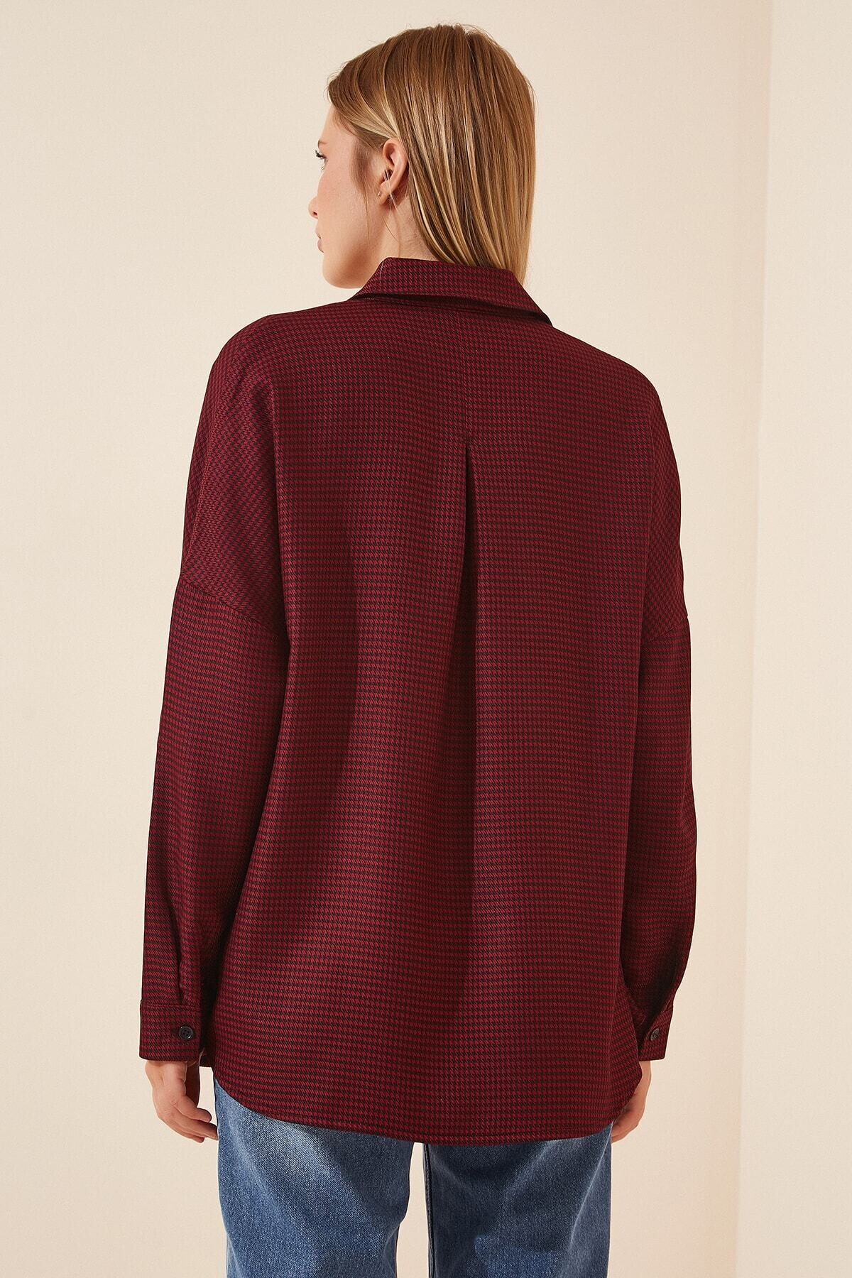Kadın Bordo Kareli Oversize Gömlek HZL22W-BD1236