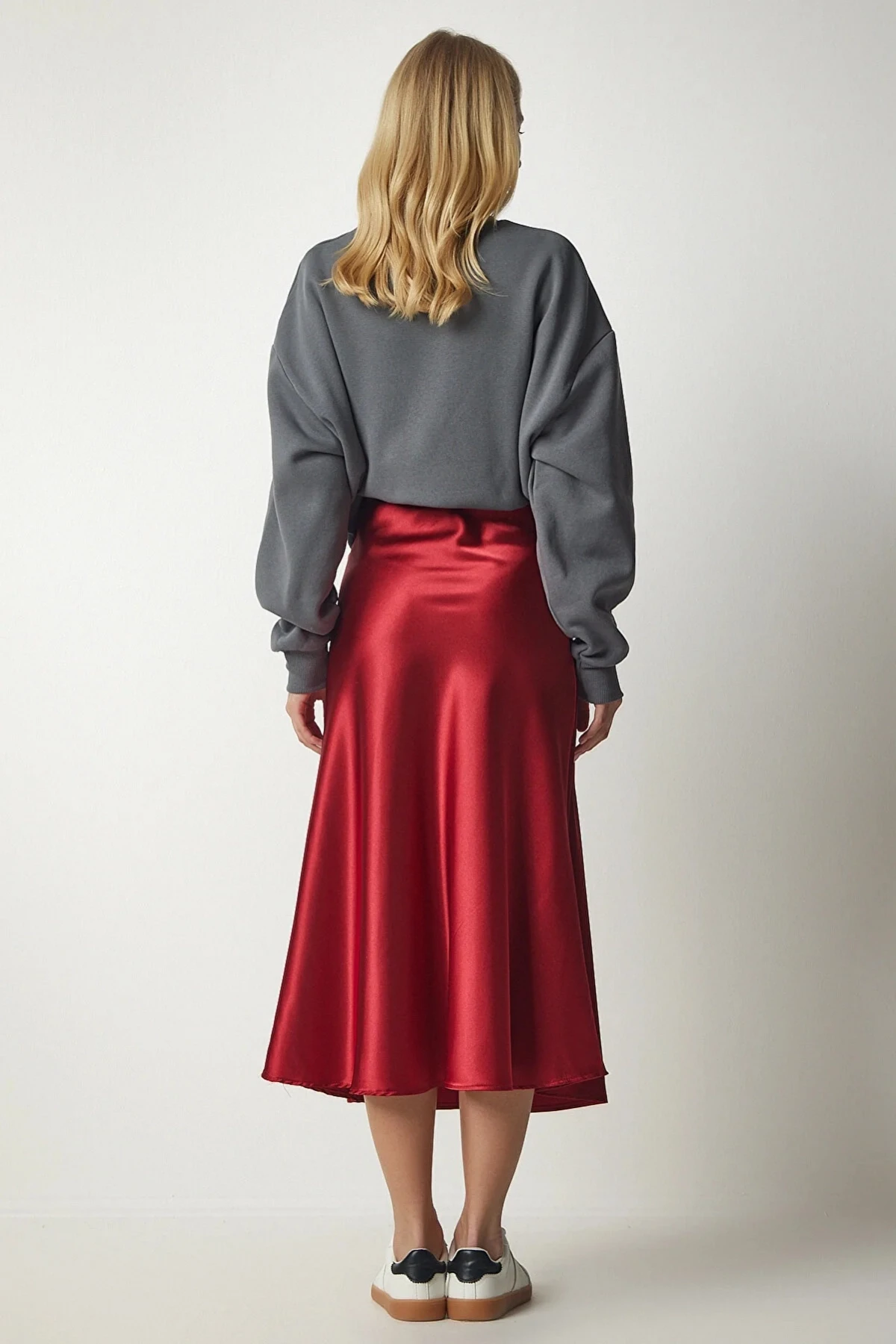Kadın Bordo Saten Yüzeyli Beli Lastikli Midi Boy Etek Hzl23s-bd1101471