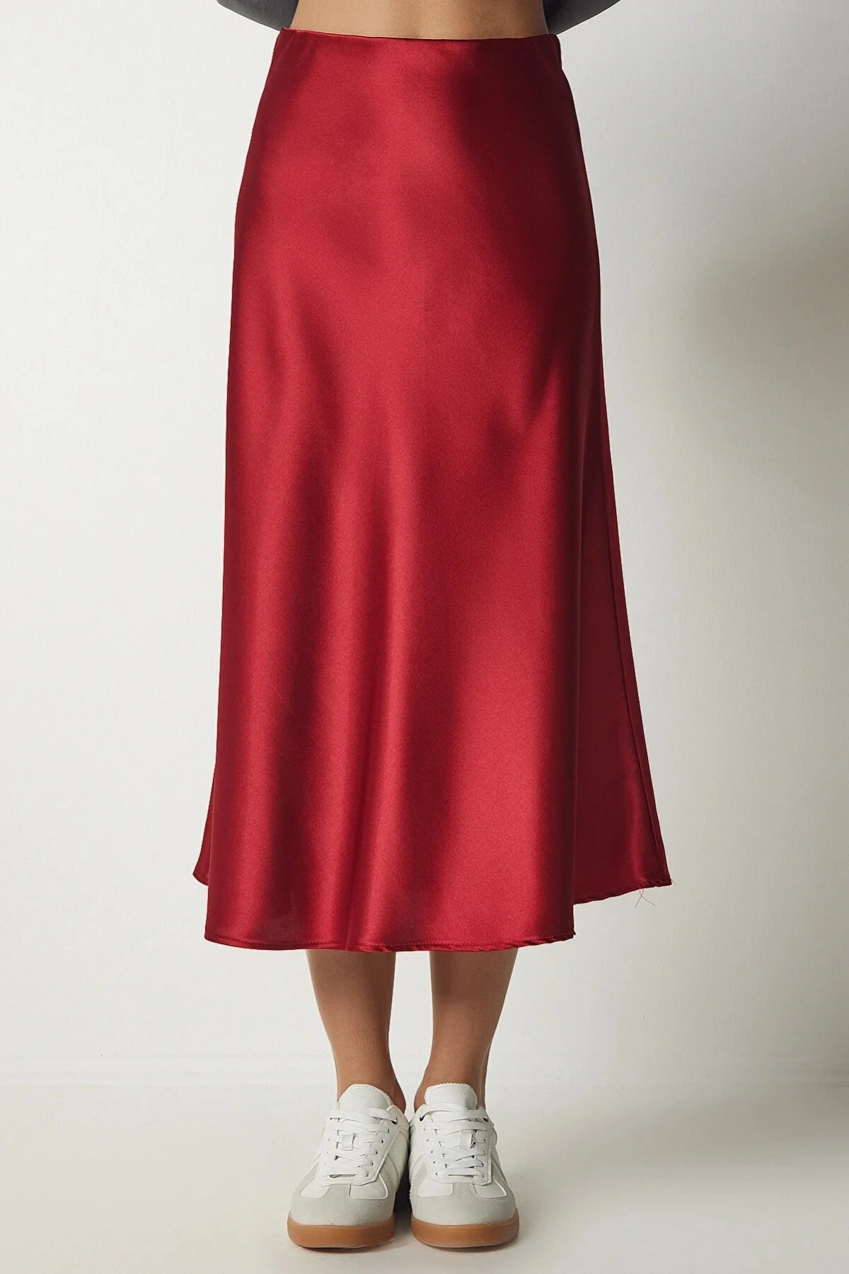 Kadın Bordo Saten Yüzeyli Beli Lastikli Midi Boy Etek Hzl23s-bd1101471