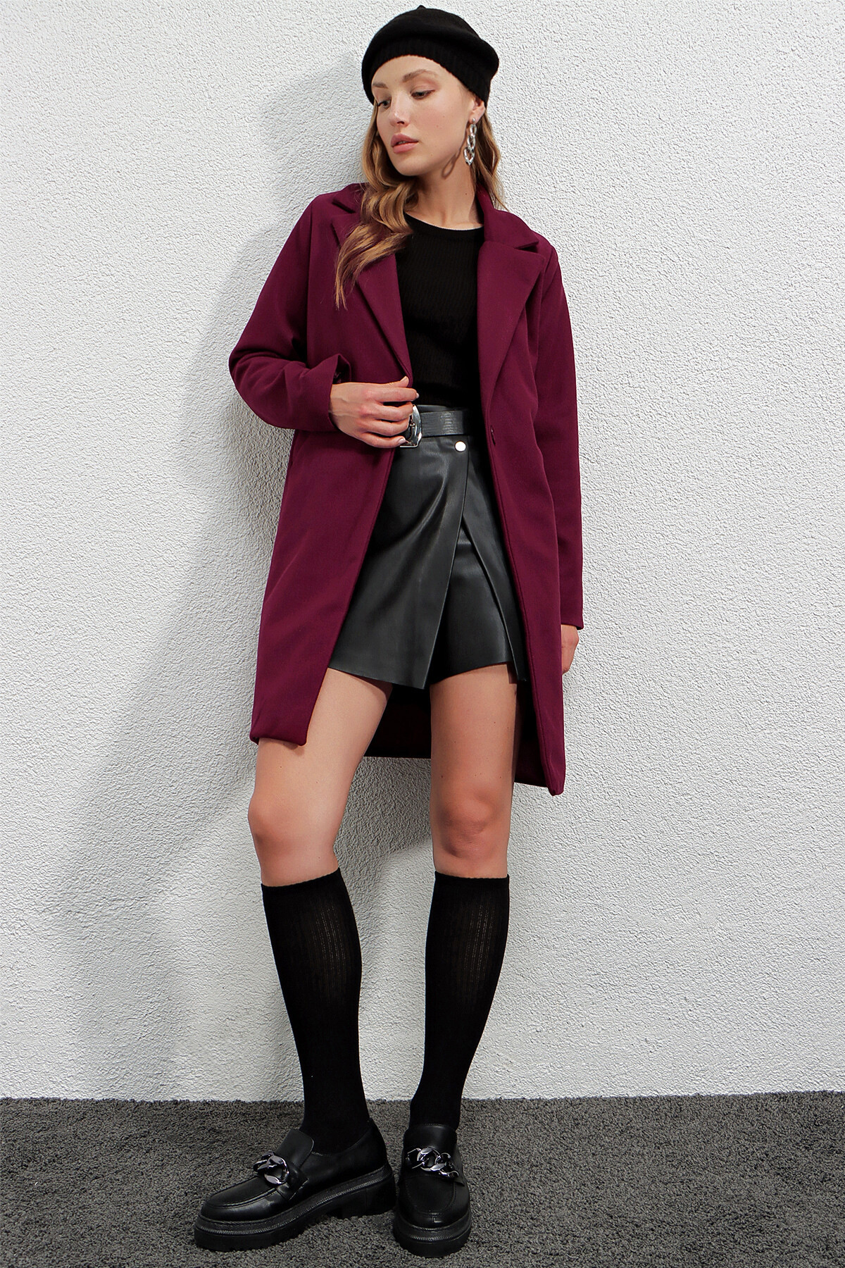 Kadın Bordo Tek Düğmeli Çift Cepli Astarlı Şık Kaşe Kaban HZL23W-BD190851