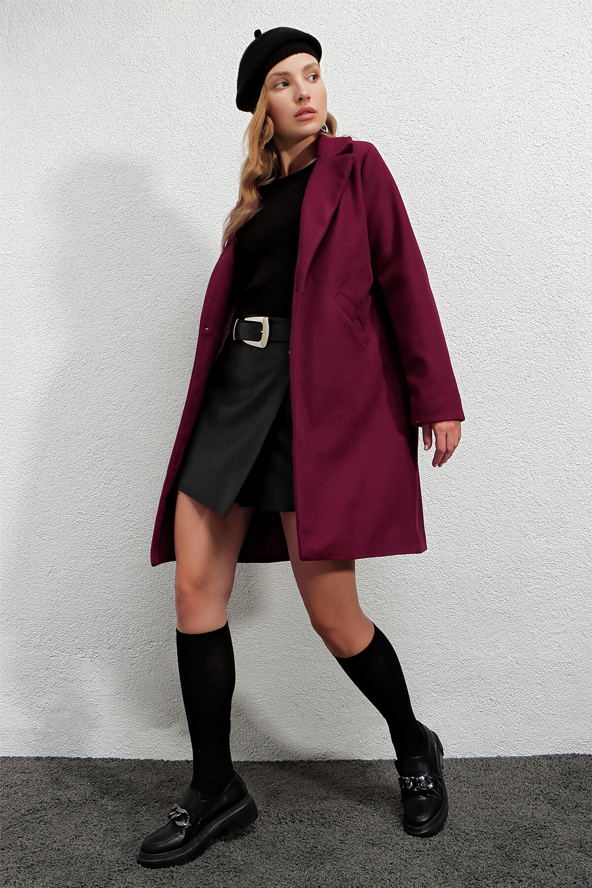 Kadın Bordo Tek Düğmeli Çift Cepli Astarlı Şık Kaşe Kaban HZL23W-BD190851