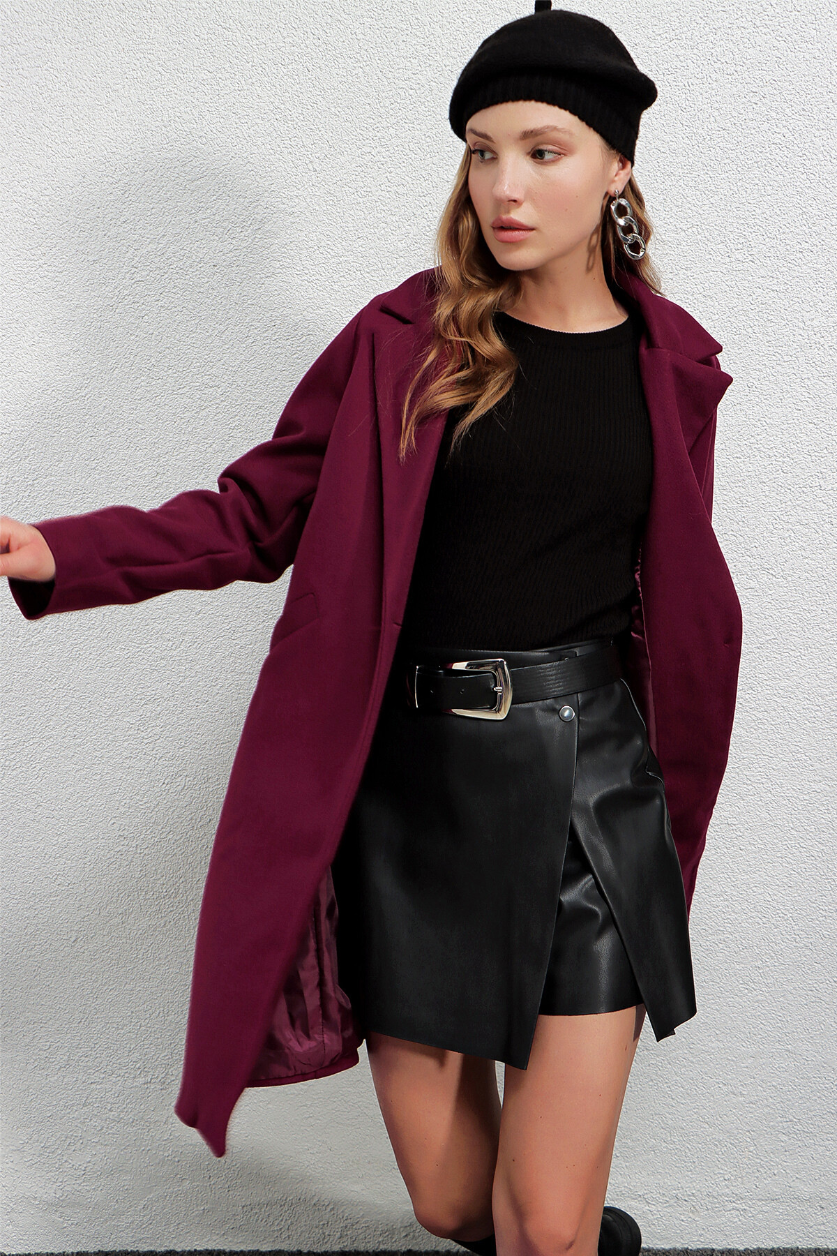 Kadın Bordo Tek Düğmeli Çift Cepli Astarlı Şık Kaşe Kaban HZL23W-BD190851