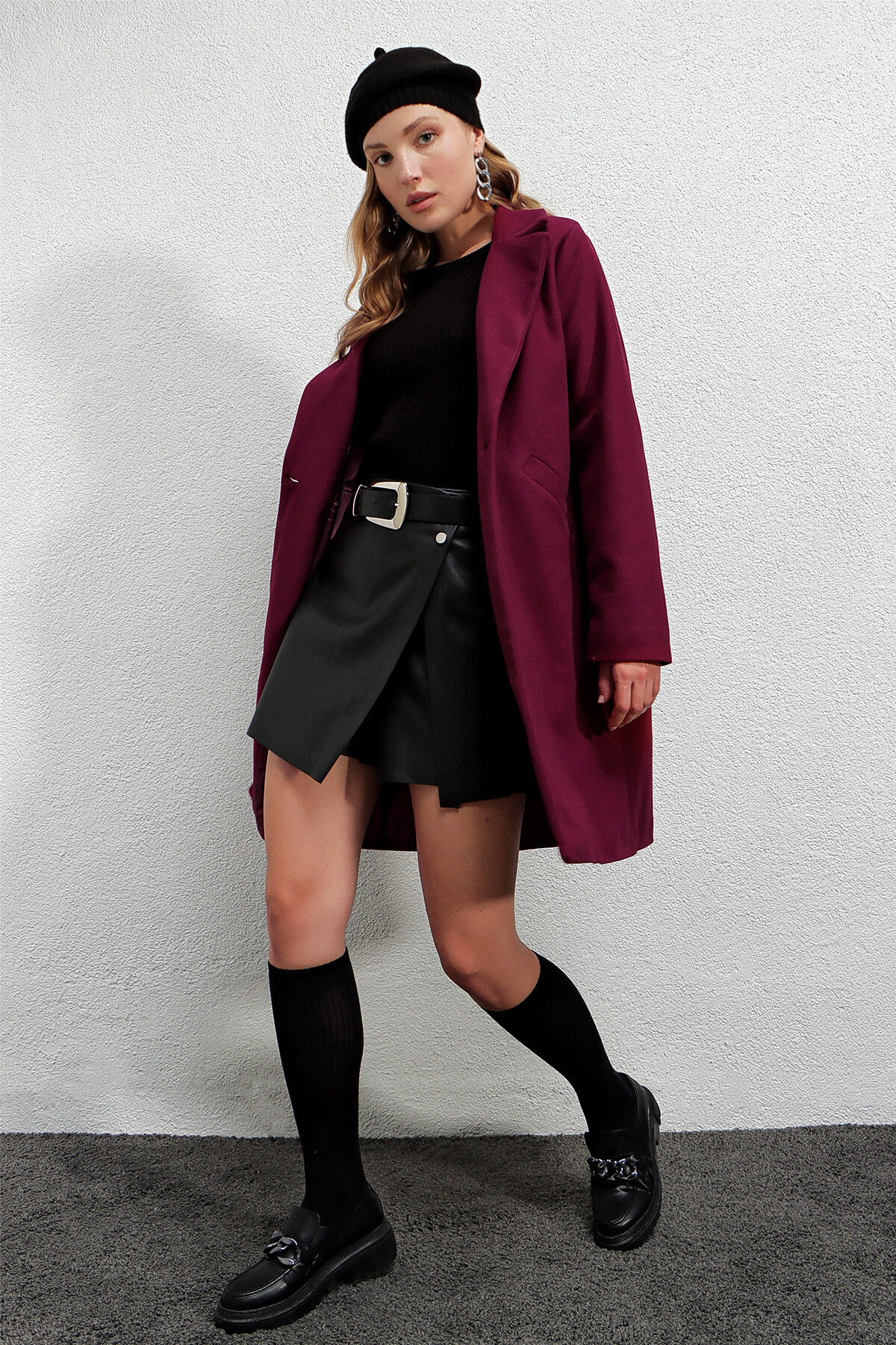 Kadın Bordo Tek Düğmeli Çift Cepli Astarlı Şık Kaşe Kaban HZL23W-BD190851