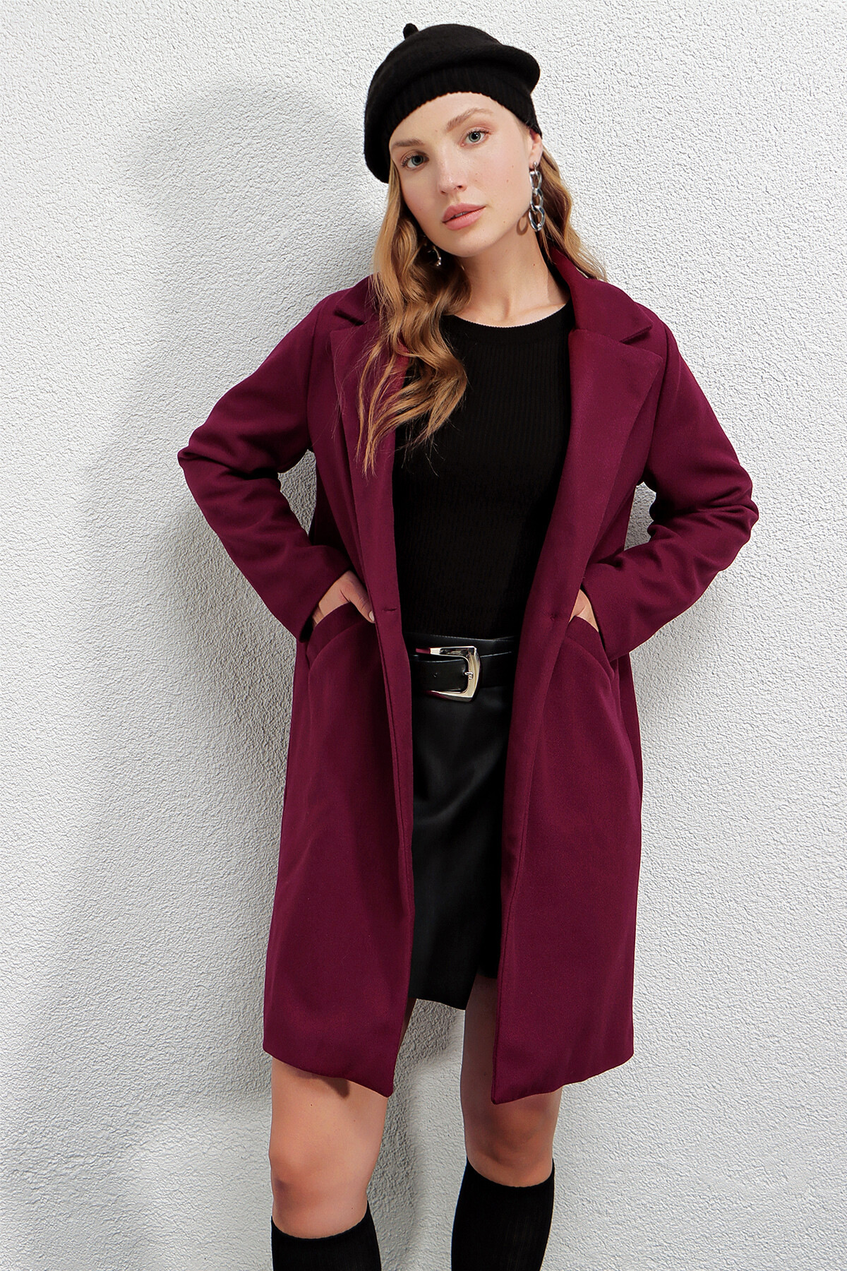 Kadın Bordo Tek Düğmeli Çift Cepli Astarlı Şık Kaşe Kaban HZL23W-BD190851