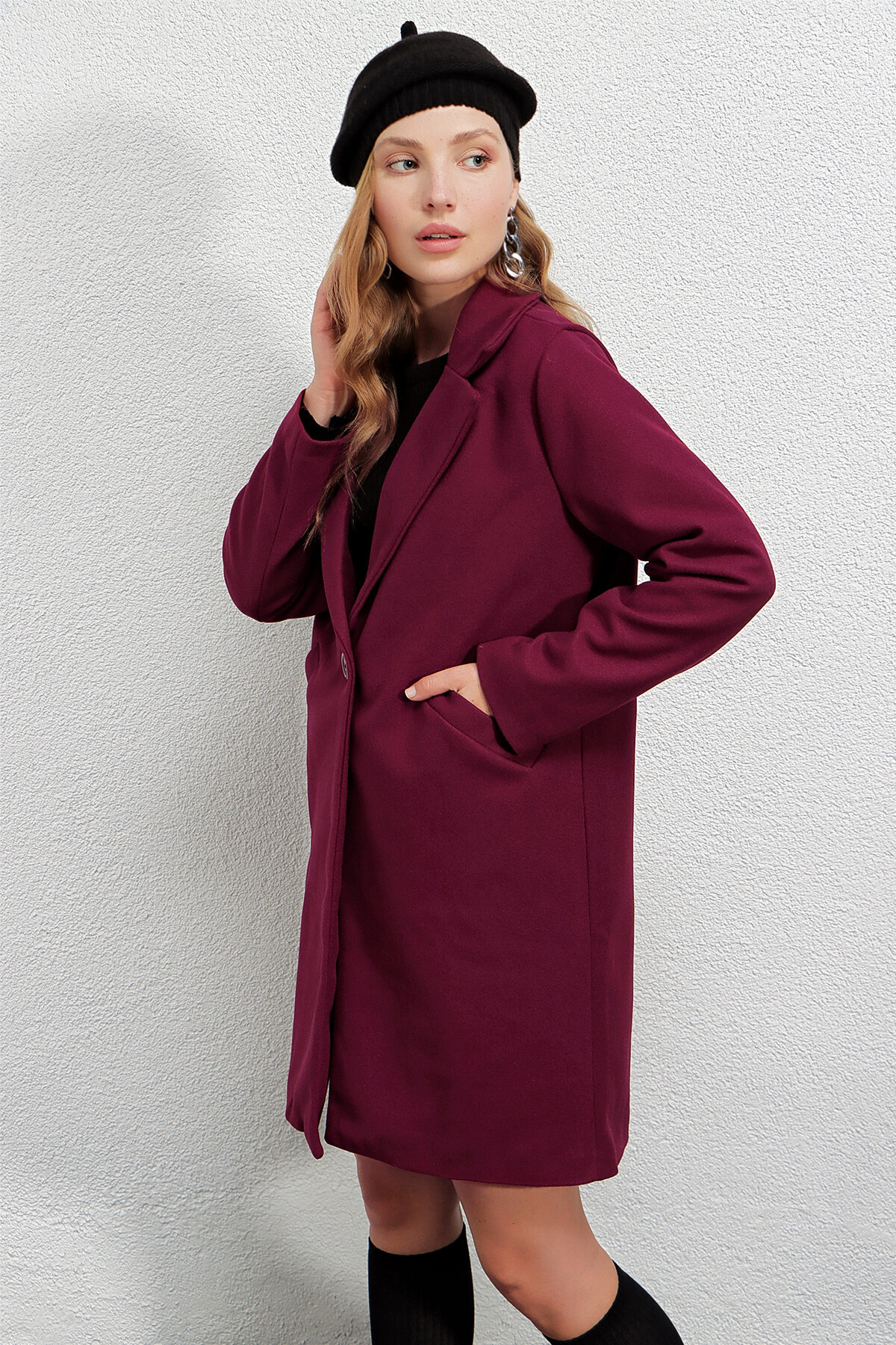 Kadın Bordo Tek Düğmeli Çift Cepli Astarlı Şık Kaşe Kaban HZL23W-BD190851