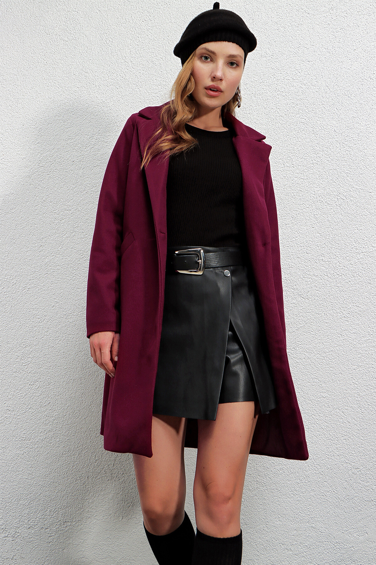 Kadın Bordo Tek Düğmeli Çift Cepli Astarlı Şık Kaşe Kaban HZL23W-BD190851