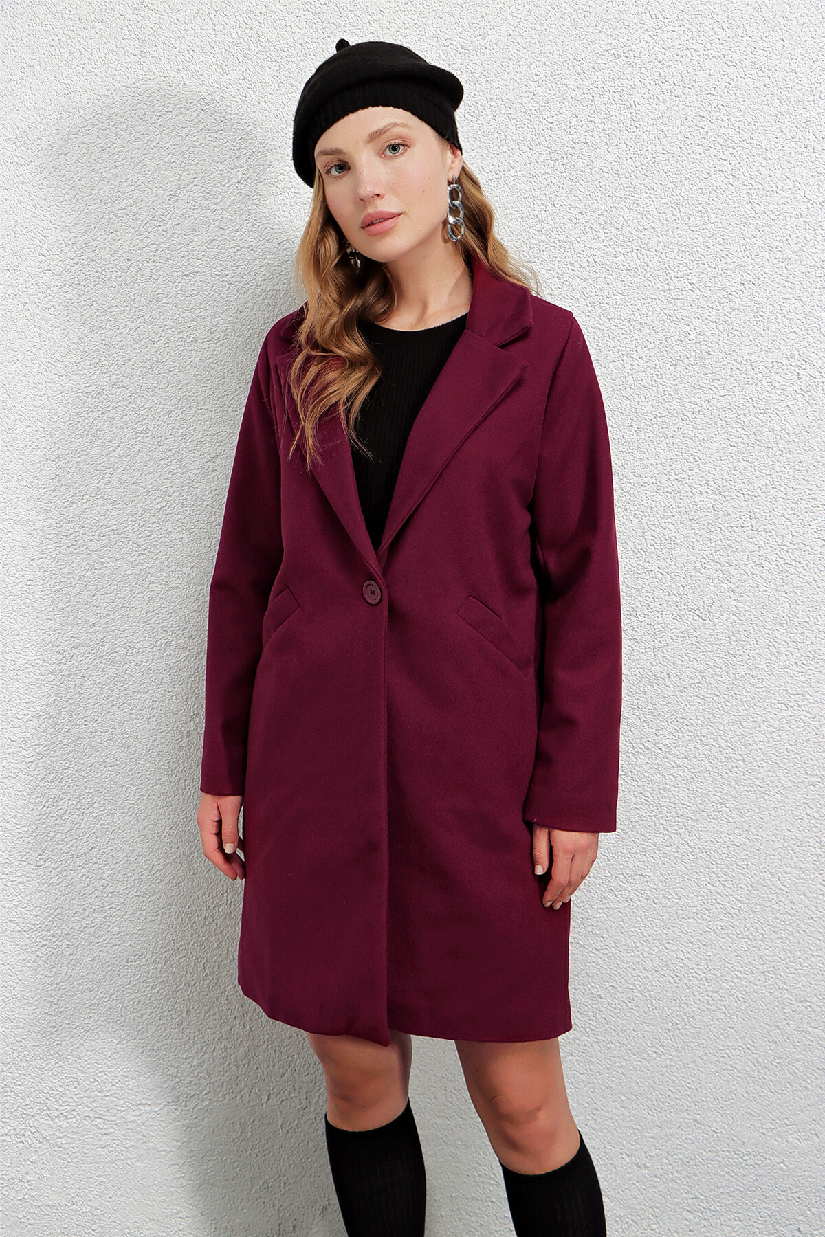 Kadın Bordo Tek Düğmeli Çift Cepli Astarlı Şık Kaşe Kaban HZL23W-BD190851