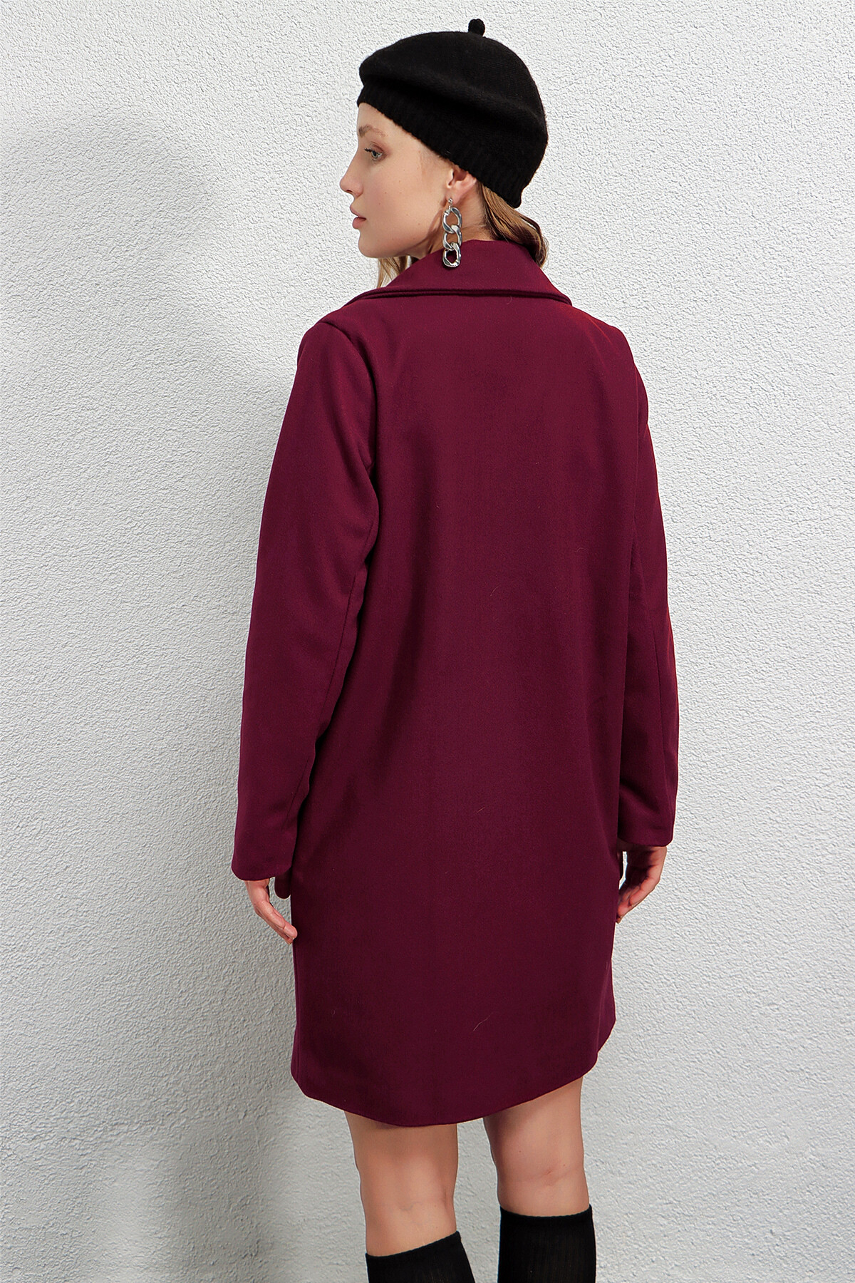 Kadın Bordo Tek Düğmeli Çift Cepli Astarlı Şık Kaşe Kaban HZL23W-BD190851