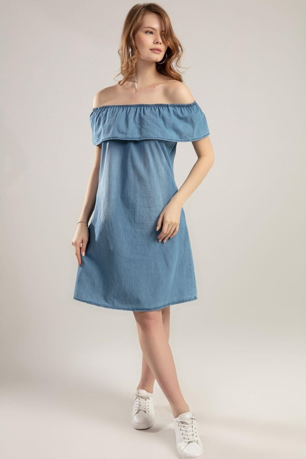 Kadın Buz Mavi Yakası Fırfırlı Kot Elbise 1481T