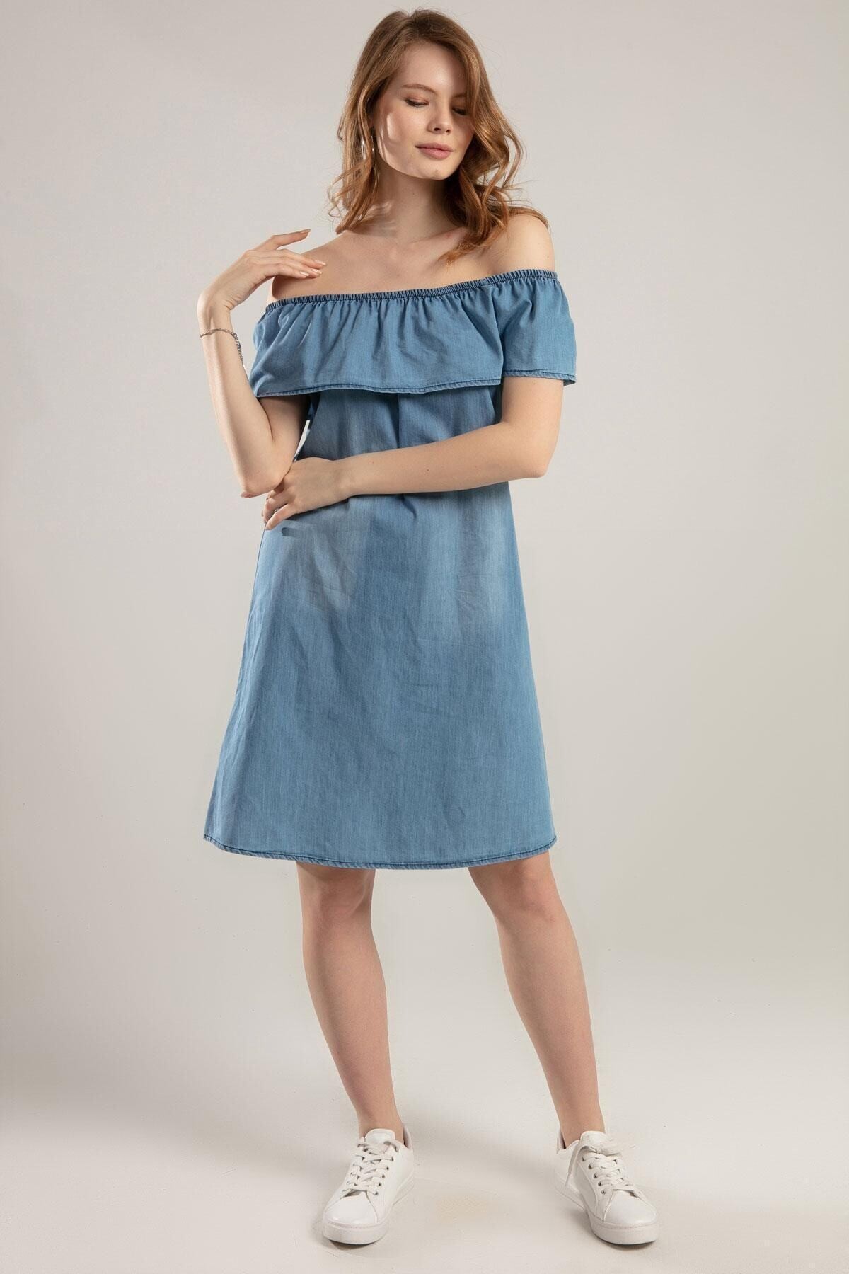 Kadın Buz Mavi Yakası Fırfırlı Kot Elbise 1481T