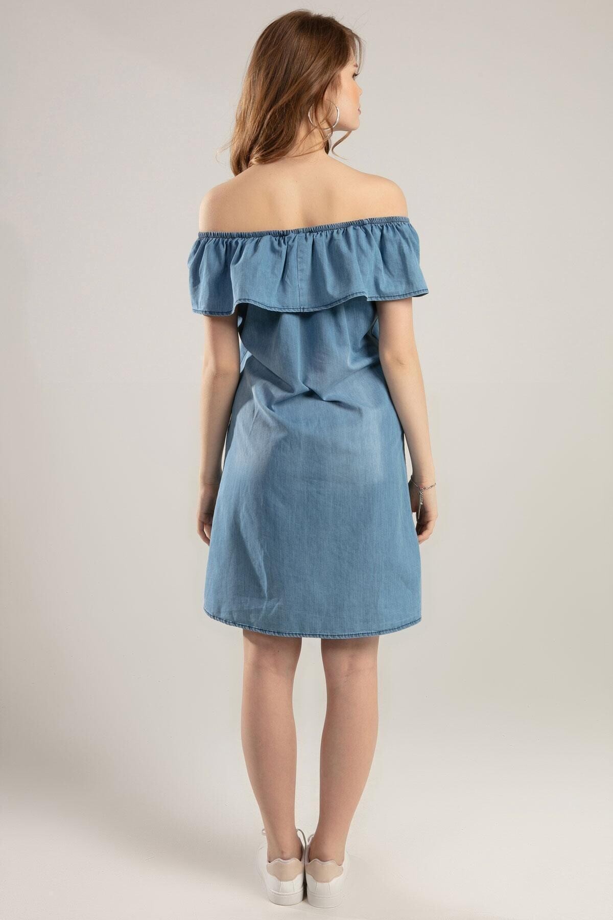 Kadın Buz Mavi Yakası Fırfırlı Kot Elbise 1481T