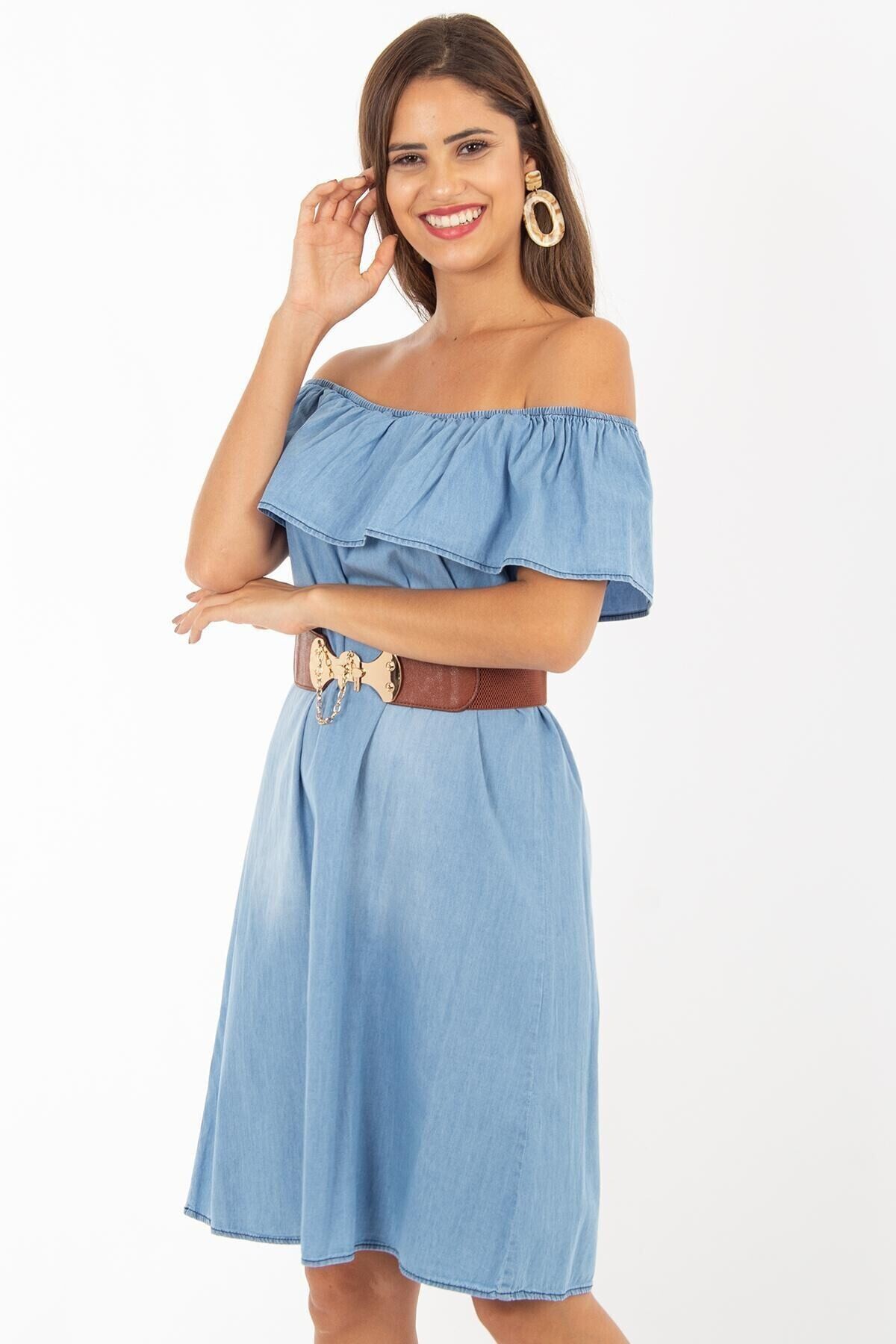 Kadın Buz Mavi Yakası Fırfırlı Kot Elbise 1481T