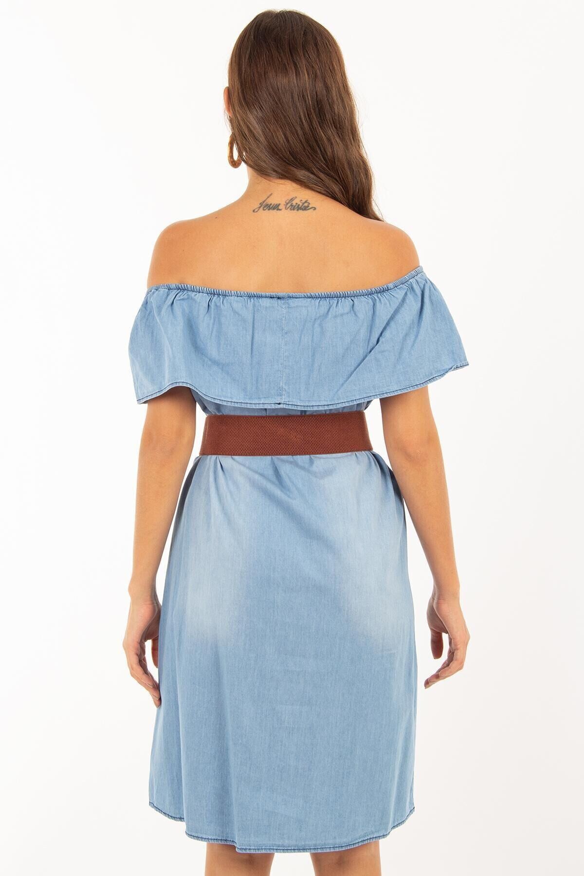 Kadın Buz Mavi Yakası Fırfırlı Kot Elbise 1481T