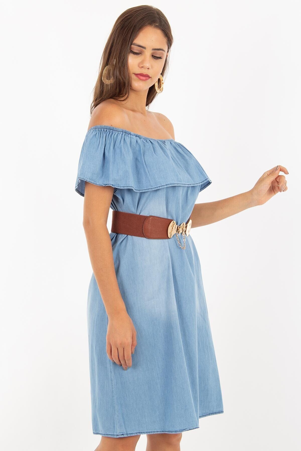 Kadın Buz Mavi Yakası Fırfırlı Kot Elbise 1481T