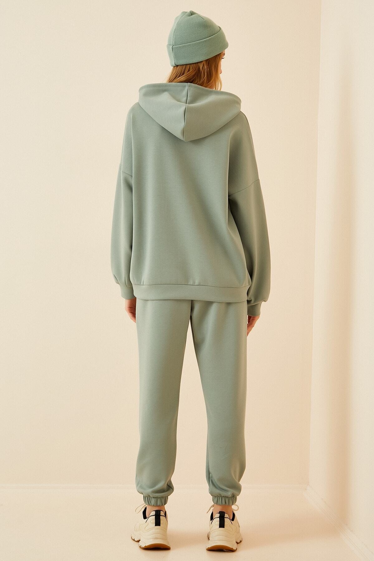 Kadın Çağla Yeşili  Kapüşonlu Kanguru Cepli Bileği Lastikli Eşofman Takımı HZL22w-BD1553771