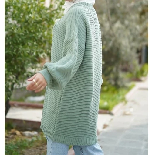 Kadın Çağla Yeşili Saç Örgü Desen Uzun Düğmeli Rahat Kesim Triko Hırka HZL23W-BD1100691