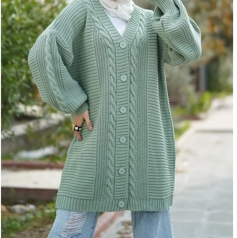 Kadın Çağla Yeşili Saç Örgü Desen Uzun Düğmeli Rahat Kesim Triko Hırka HZL23W-BD1100691
