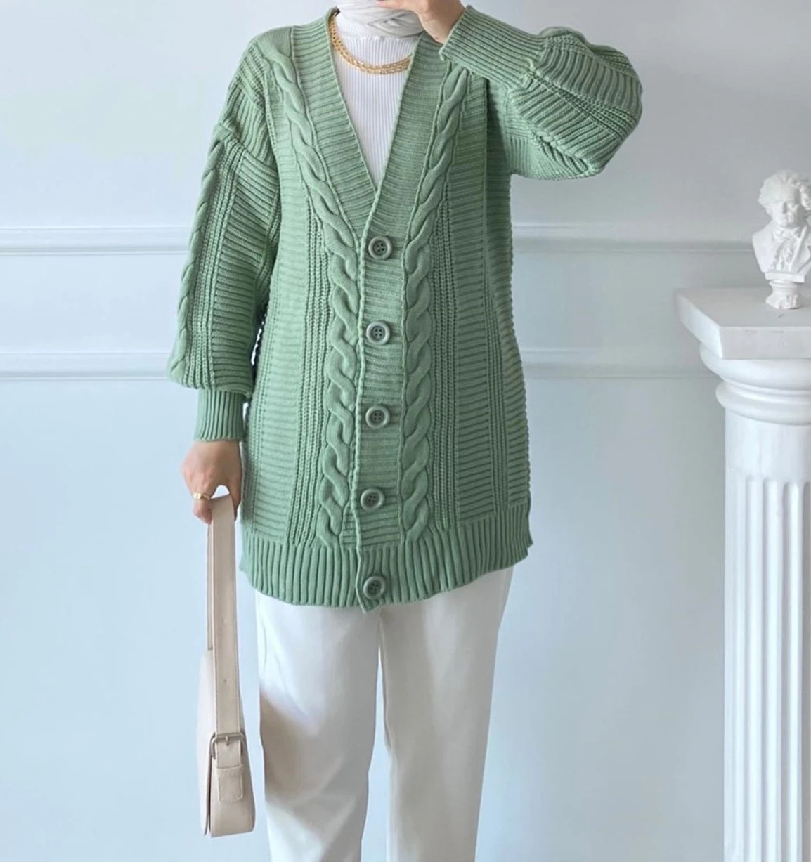 Kadın Çağla Yeşili Saç Örgü Desen Uzun Düğmeli Rahat Kesim Triko Hırka HZL23W-BD1100691