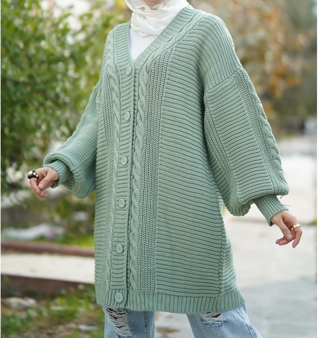 Kadın Çağla Yeşili Saç Örgü Desen Uzun Düğmeli Rahat Kesim Triko Hırka HZL23W-BD1100691