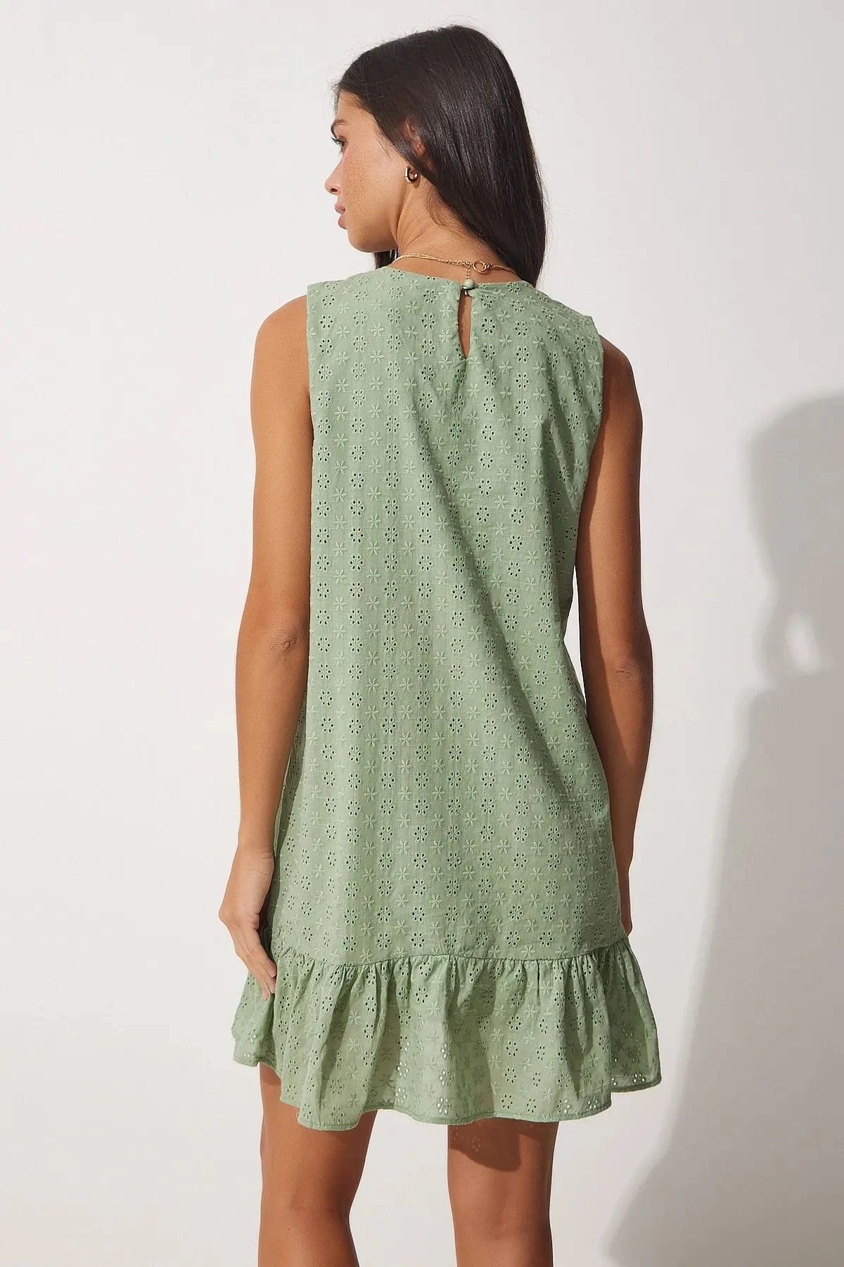 Kadın Çağla Yeşili V Yaka  Fistolu Mini Elbise HZL23S-BD123911