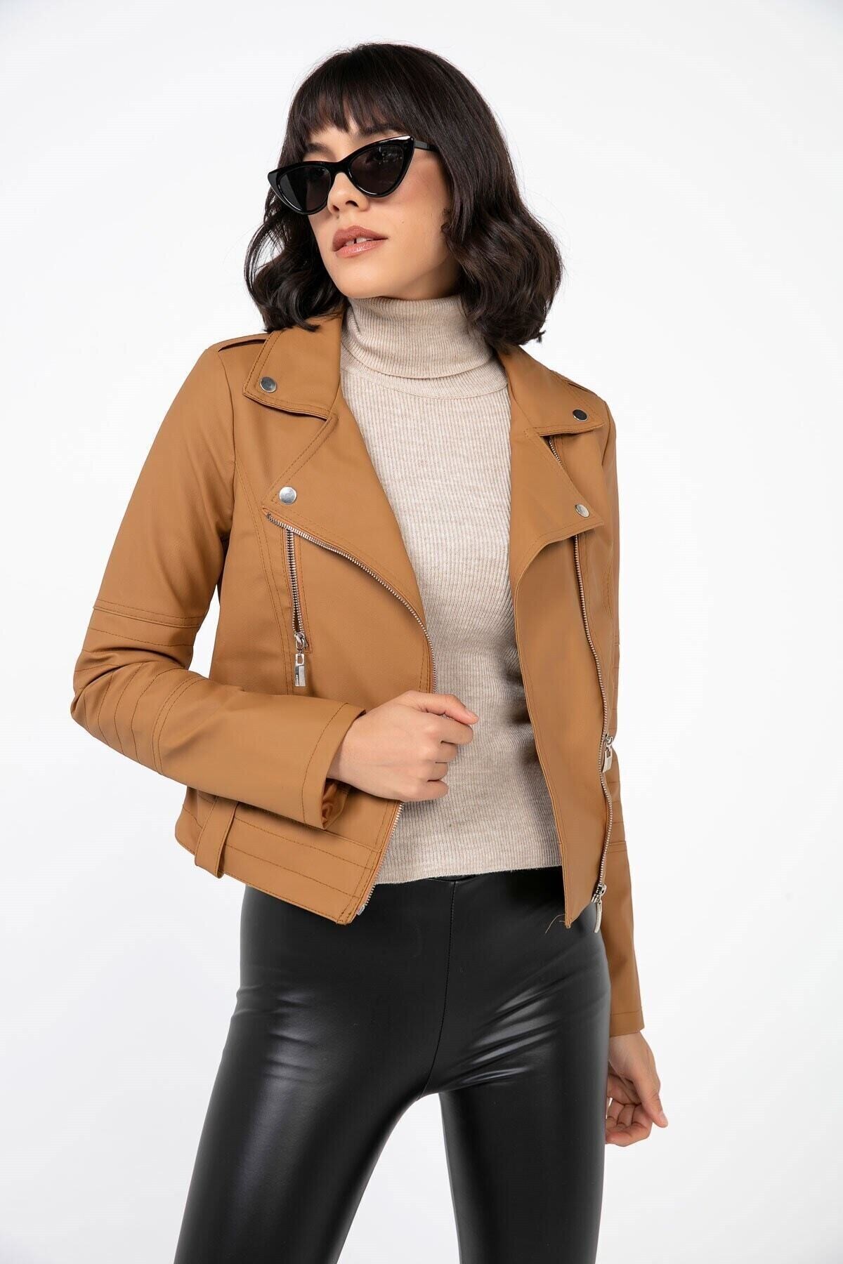Kadın Camel Kısa Suni Deri Astarlı Biker Ceket HZL22W-BD110251